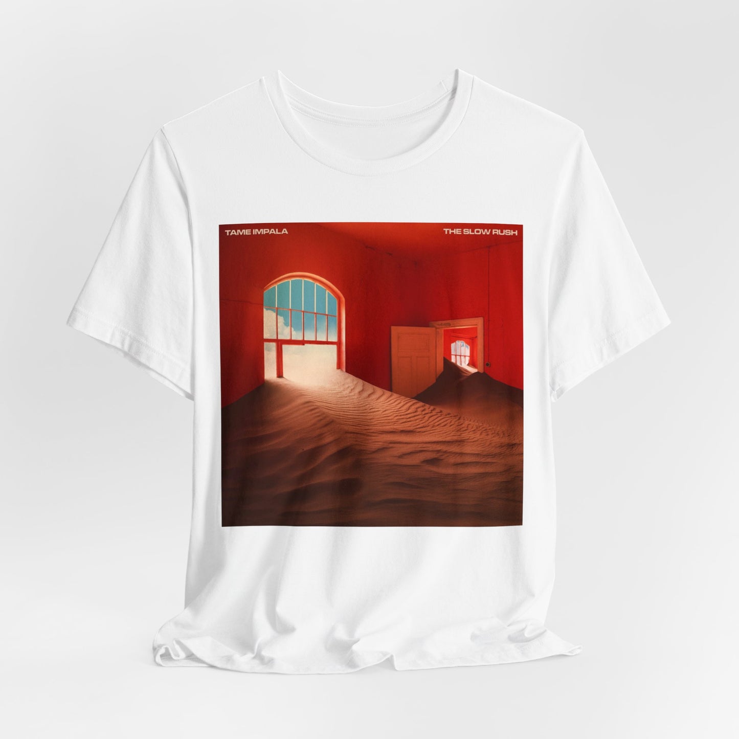 A black graphic t-shirt featuring a graphic related to Tame Impala's 'The Slow Rush' album.