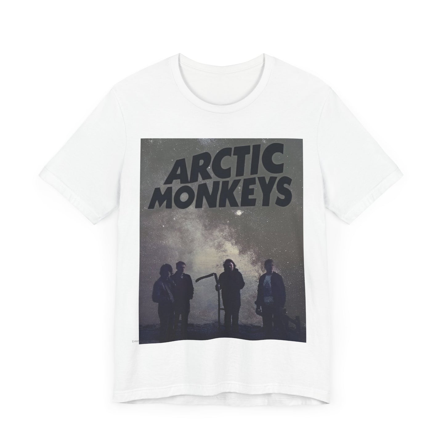 A black graphic t-shirt featuring an artistic or aesthetic graphic of the Arctic Monkeys band.