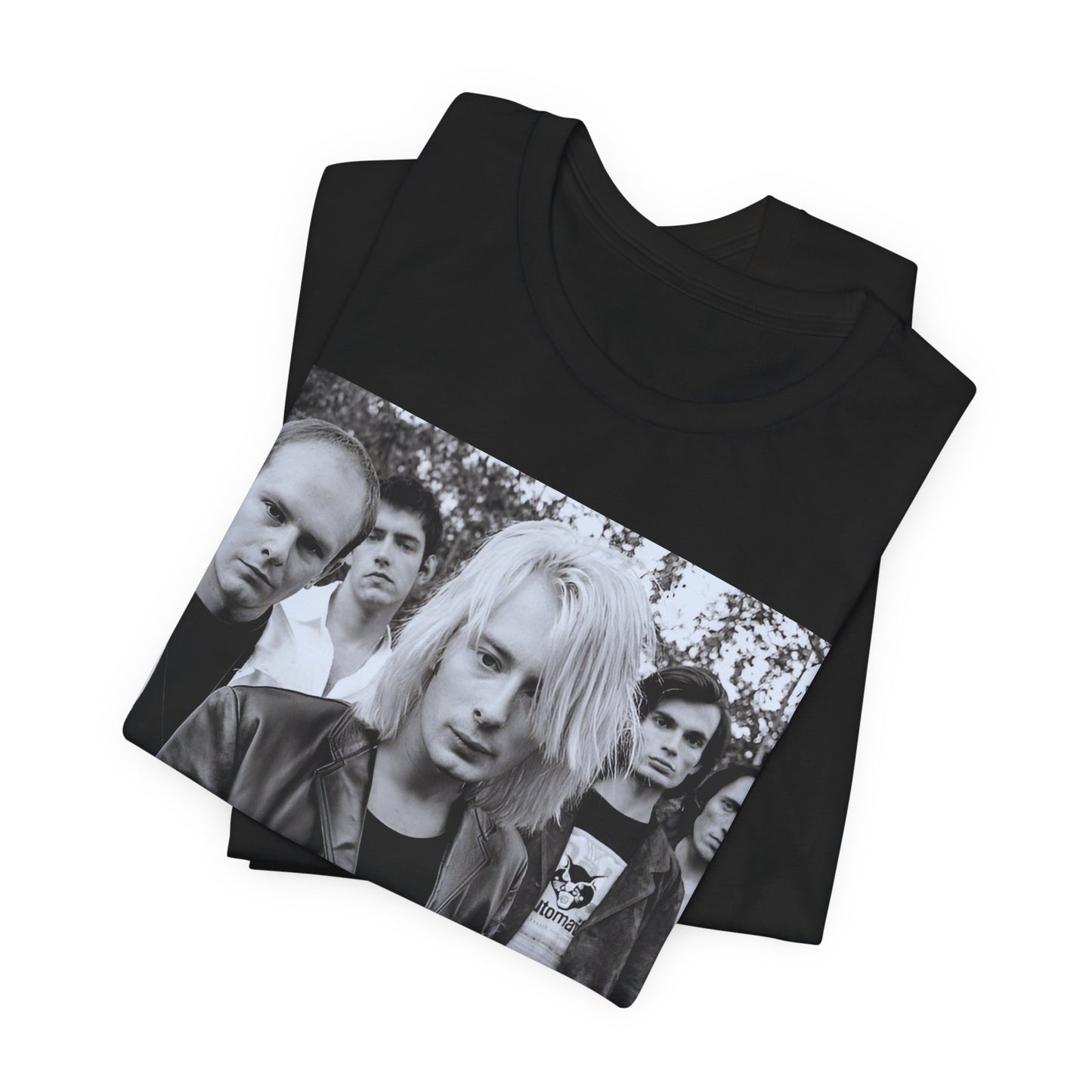 A black graphic t-shirt featuring a cool experimental rock graphic of Radiohead.