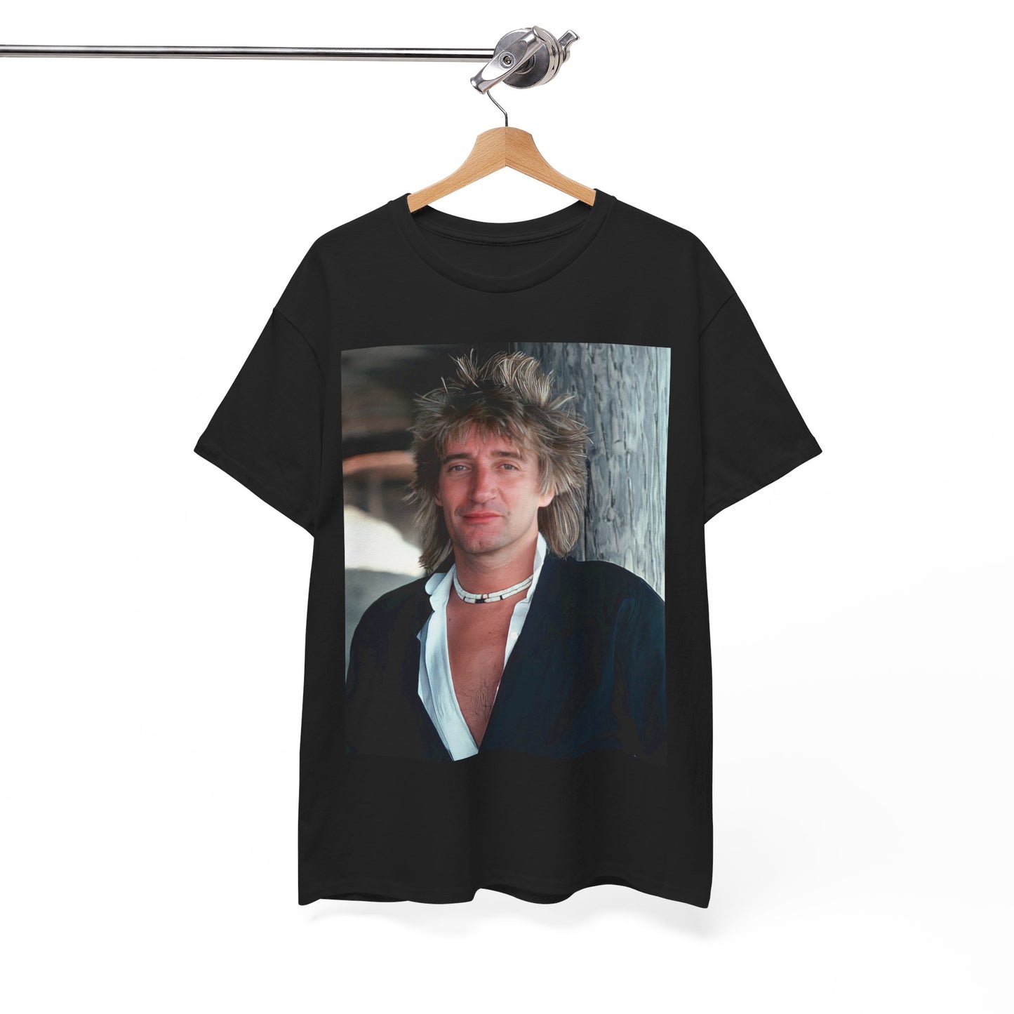 A black graphic t-shirt featuring a graphic of Rod Stewart as a cool British rocker.