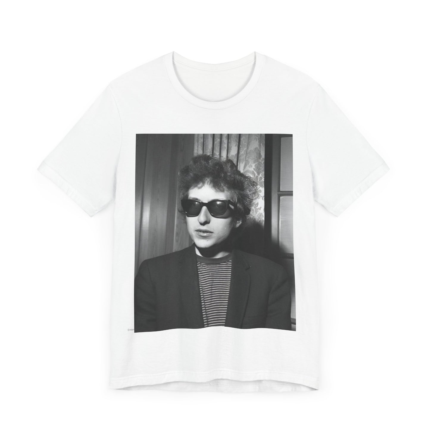 A black graphic t-shirt featuring a graphic related to Bob Dylan's 'The Freewheelin' album era.