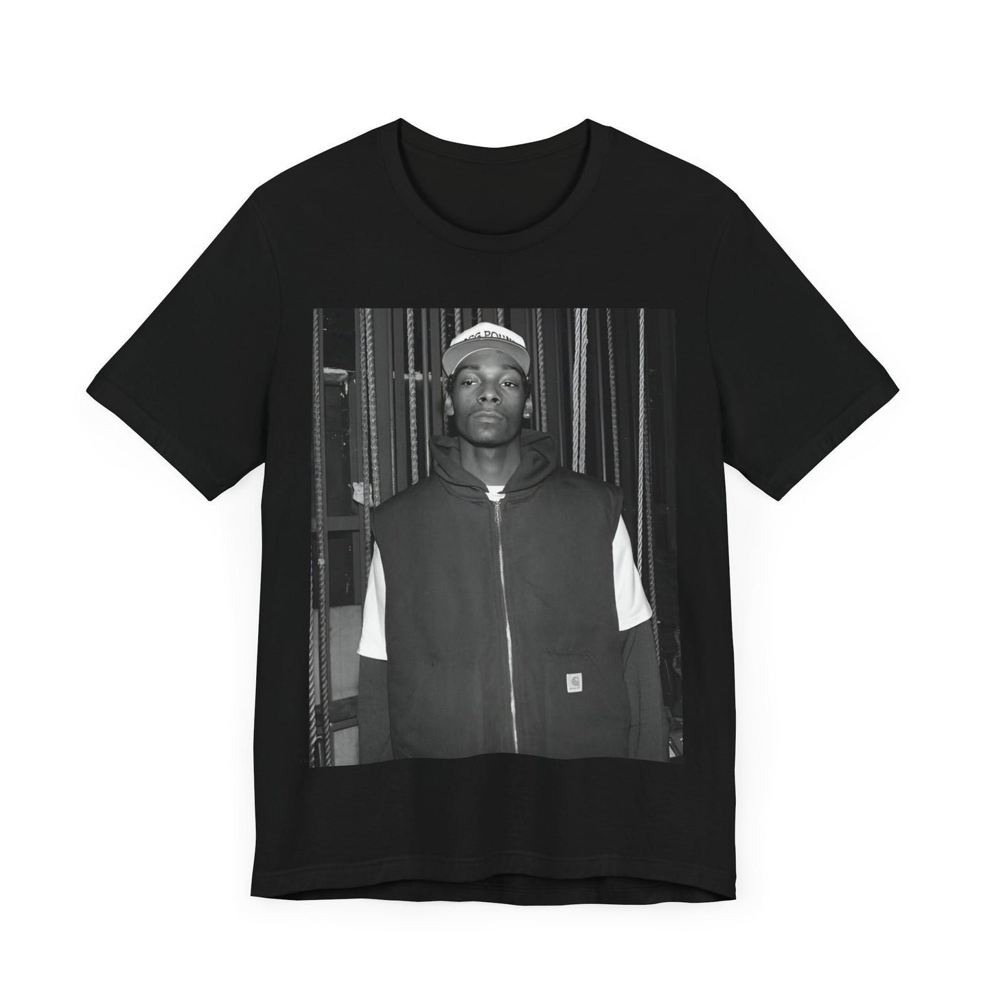 A black graphic t-shirt featuring a graphic of Snoop Dogg emphasizing a rebellious spirit.
