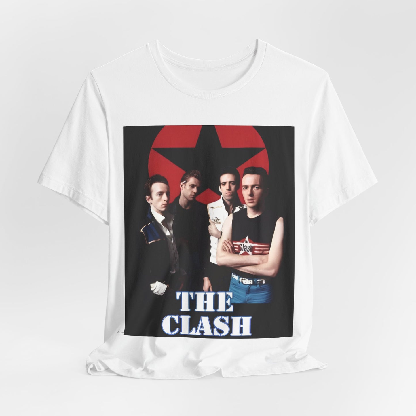 A black graphic t-shirt featuring a graphic related to The Clash's 'Should I Stay or Should I Go' song or era.