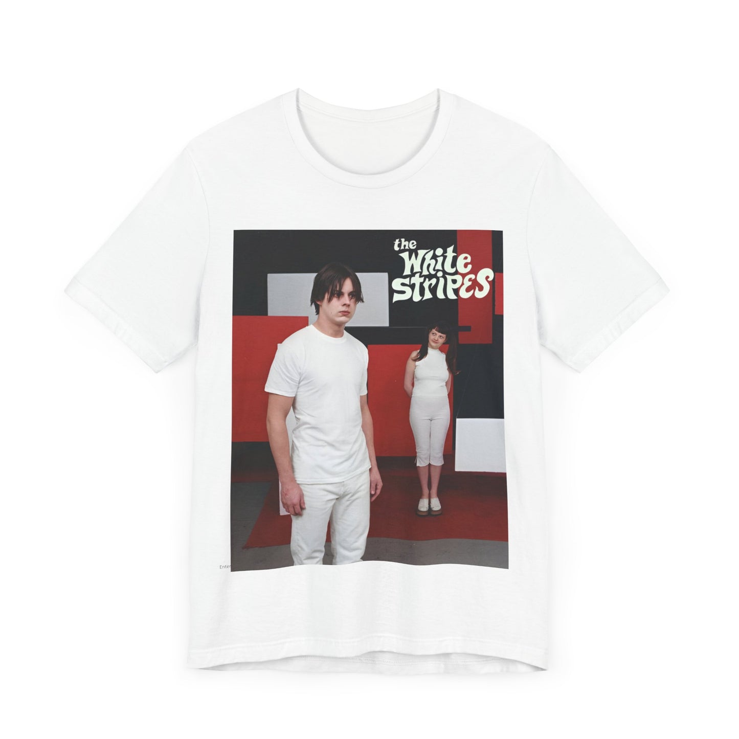 A black graphic t-shirt featuring a red and white aesthetic graphic of The White Stripes.