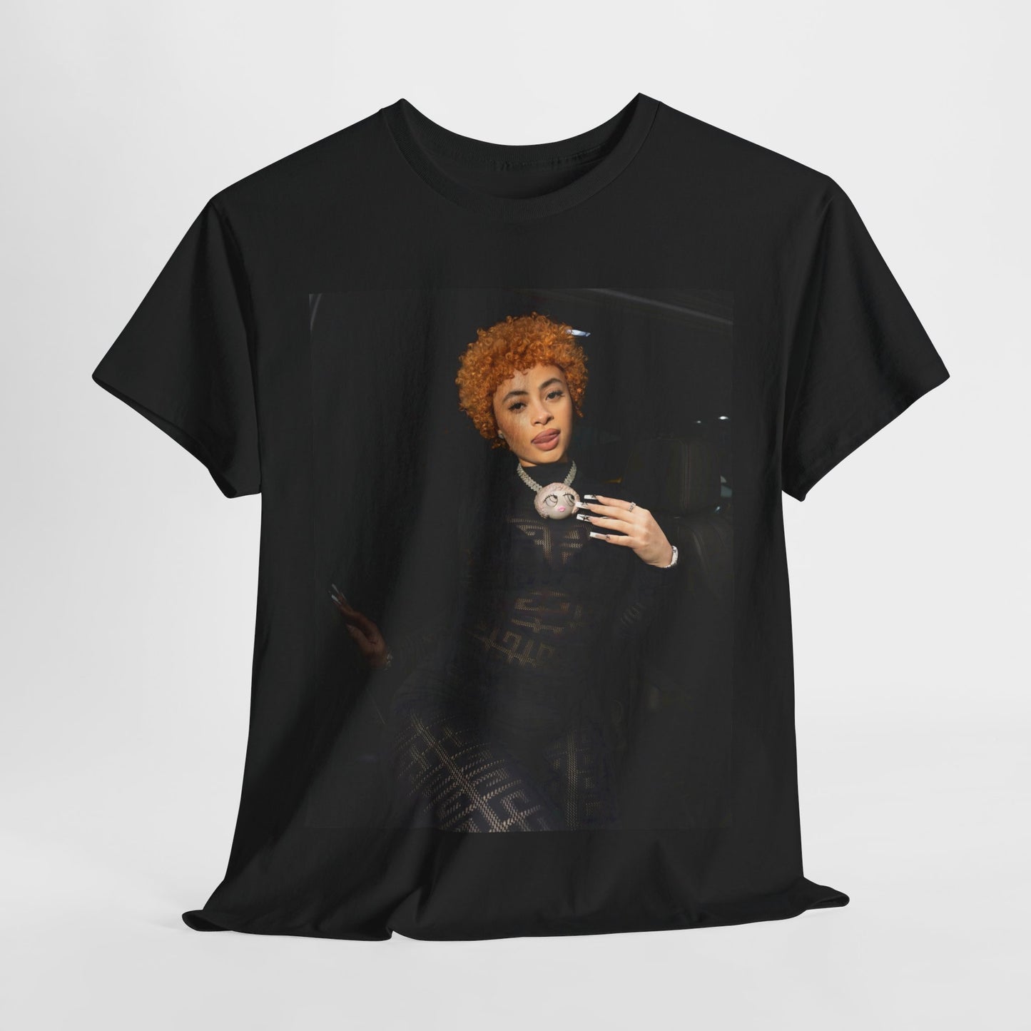 A black graphic t-shirt featuring a graphic of Ice Spice with her classic curly red hair, designed with an aesthetic style.