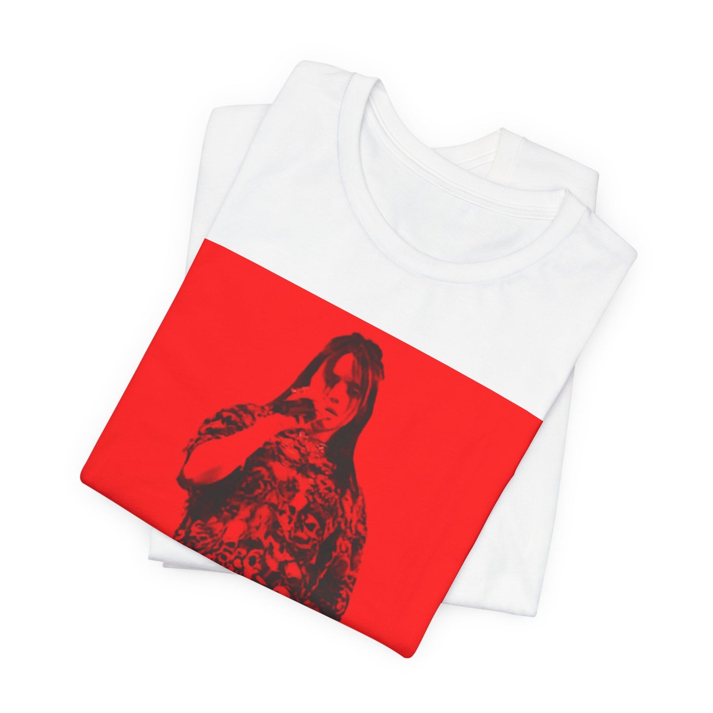 A portrait of Billie Eilish with platinum blonde hair from her 'Happier Than Ever' era, looking over her shoulder, printed on a graphic t-shirt.