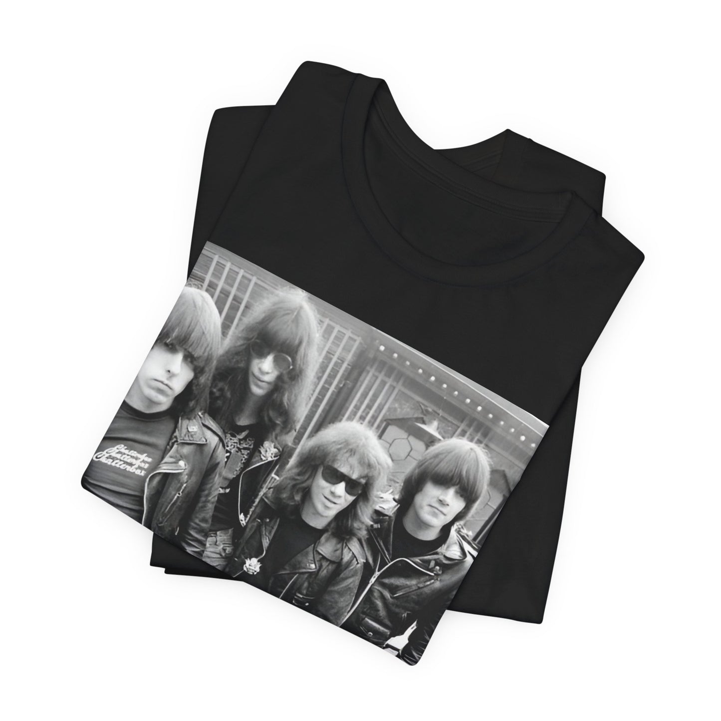 A black graphic t-shirt featuring a retro graphic related to Ramones' 'I Wanna Be Sedated' song or era.