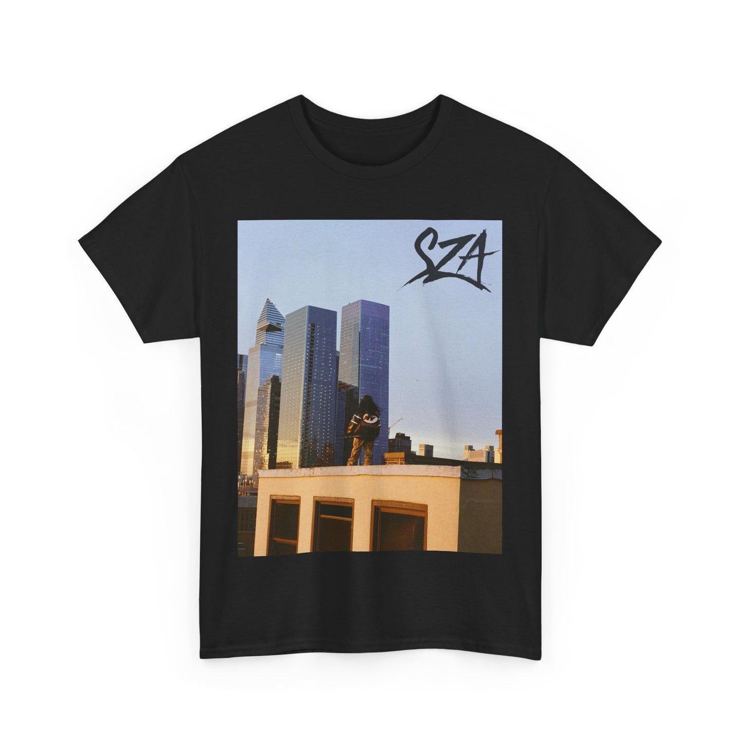 A black graphic t-shirt featuring a modern R&B essential graphic of SZA.