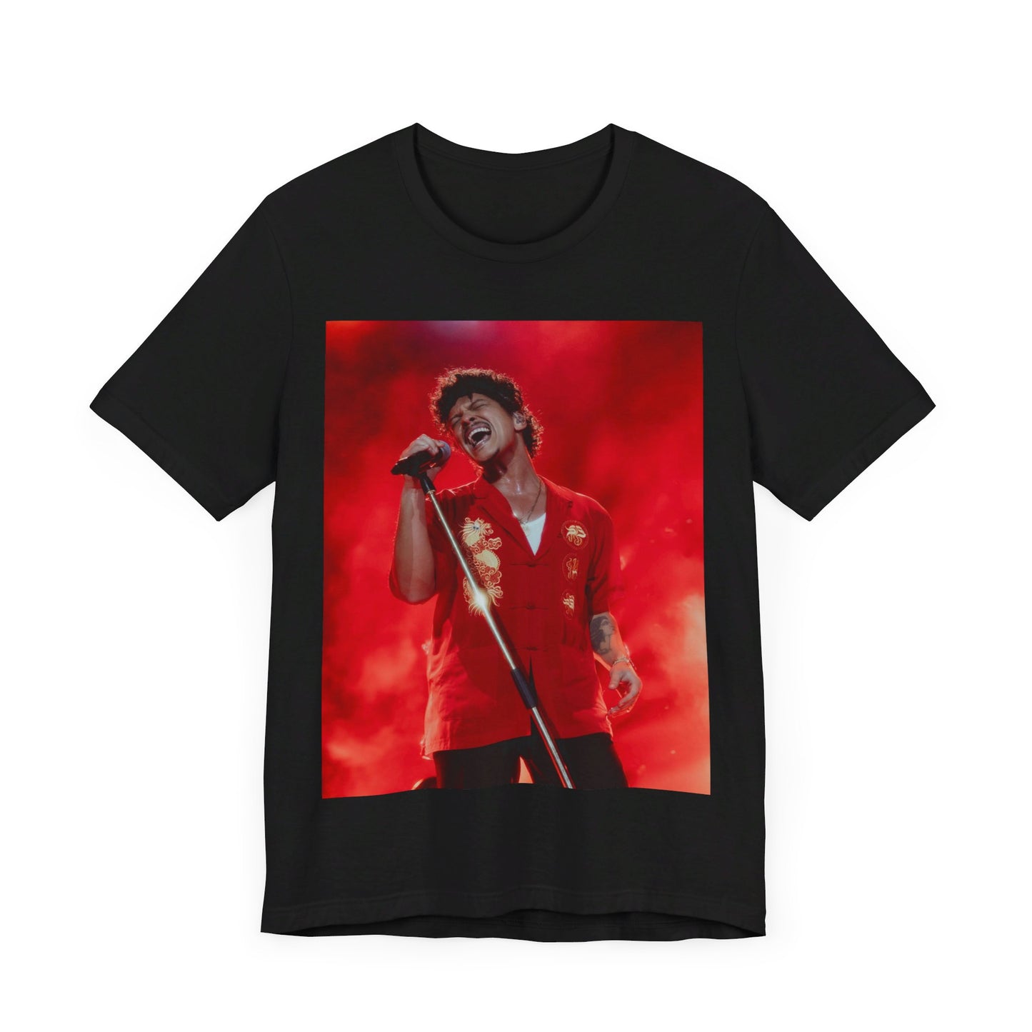 A black graphic t-shirt featuring a graphic related to Bruno Mars' 'Grenade' song or era.