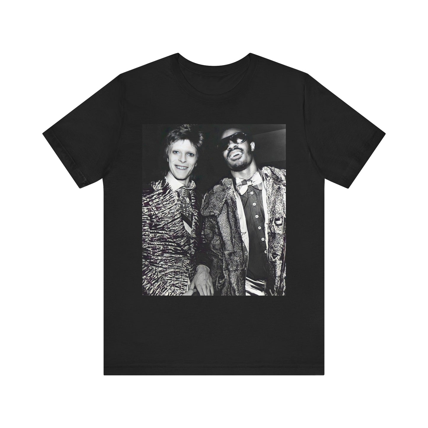 A black graphic t-shirt featuring a retro graphic of Stevie Wonder and David Bowie together.