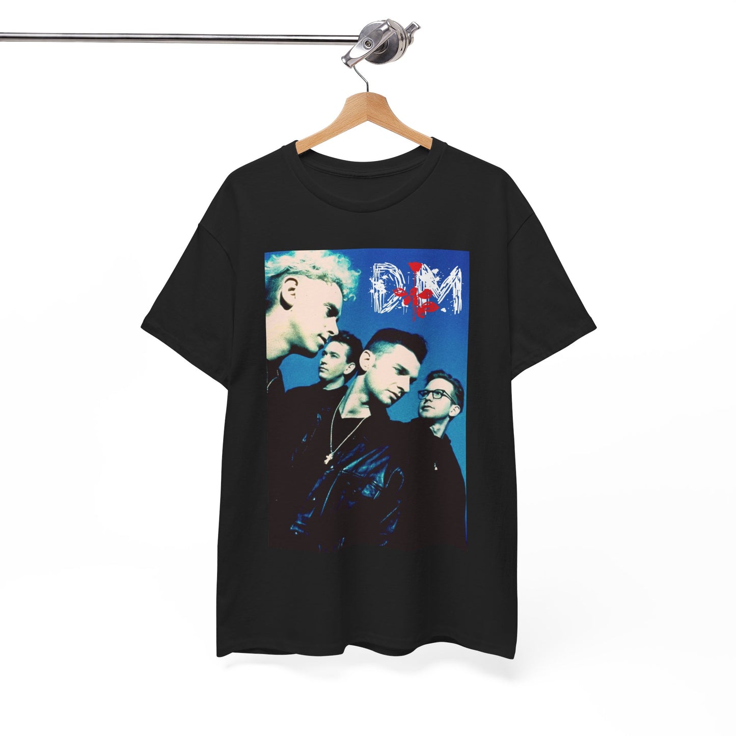 A black graphic t-shirt featuring a vintage photo related to Depeche Mode's 'Violator' album era.