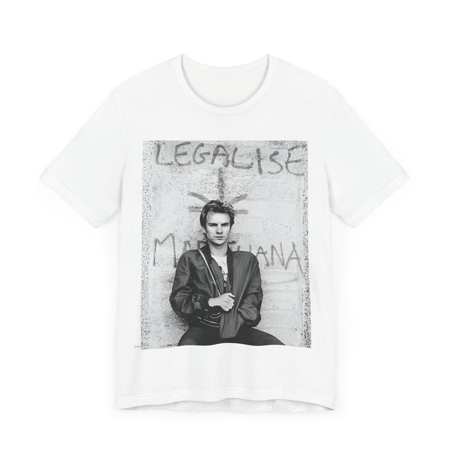 A black graphic t-shirt featuring a graphic of The Police with reggae-influenced pop elements.