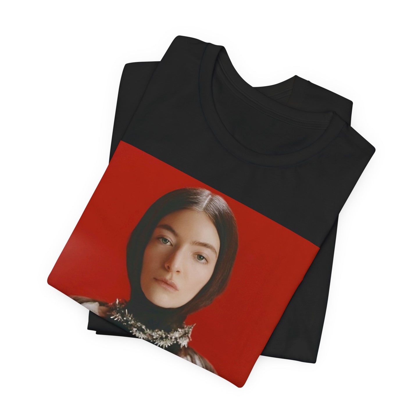 A black graphic t-shirt featuring a vintage indie pop icon graphic of Lorde.