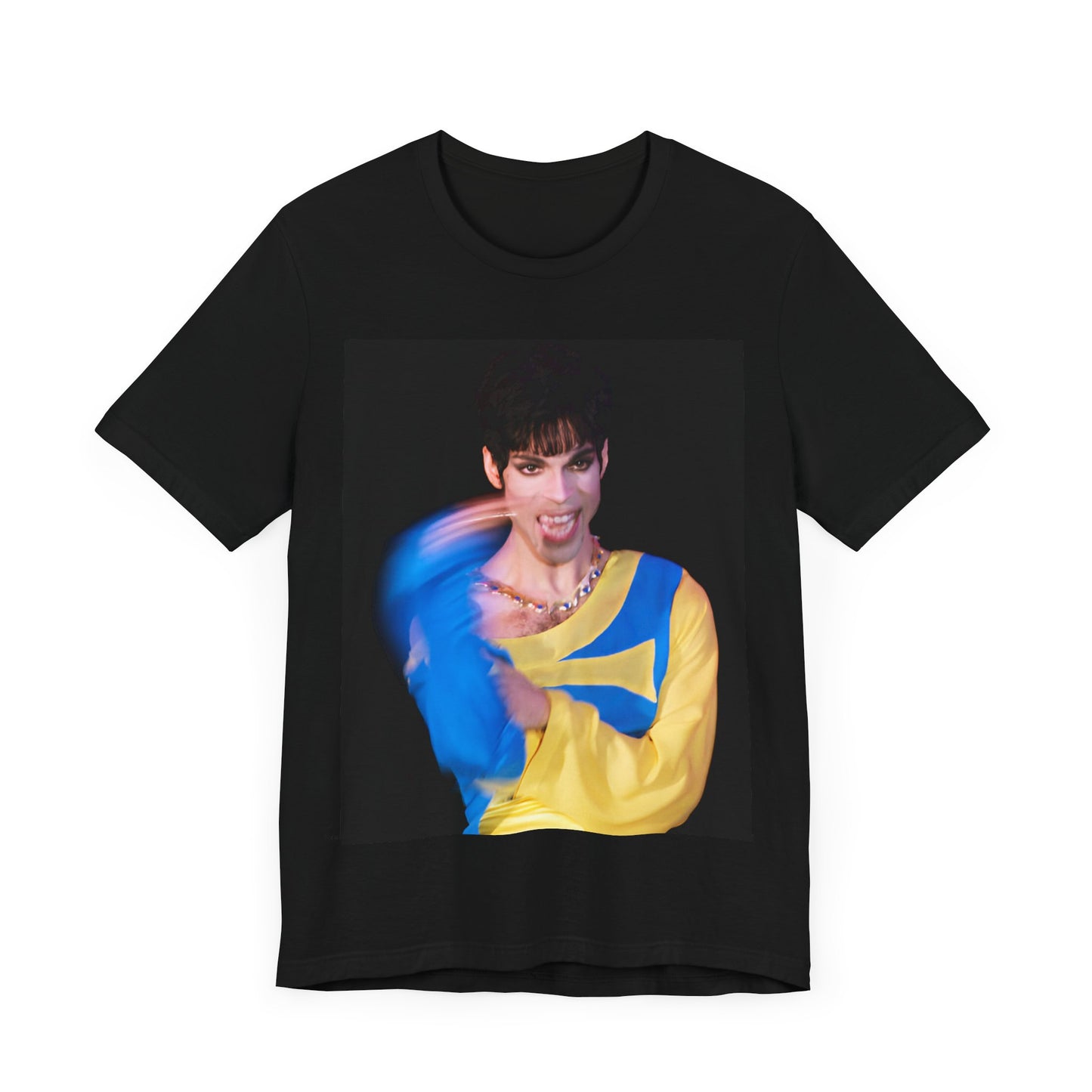 A black graphic t-shirt featuring a graphic related to Prince's 'When Doves Cry' song or era.