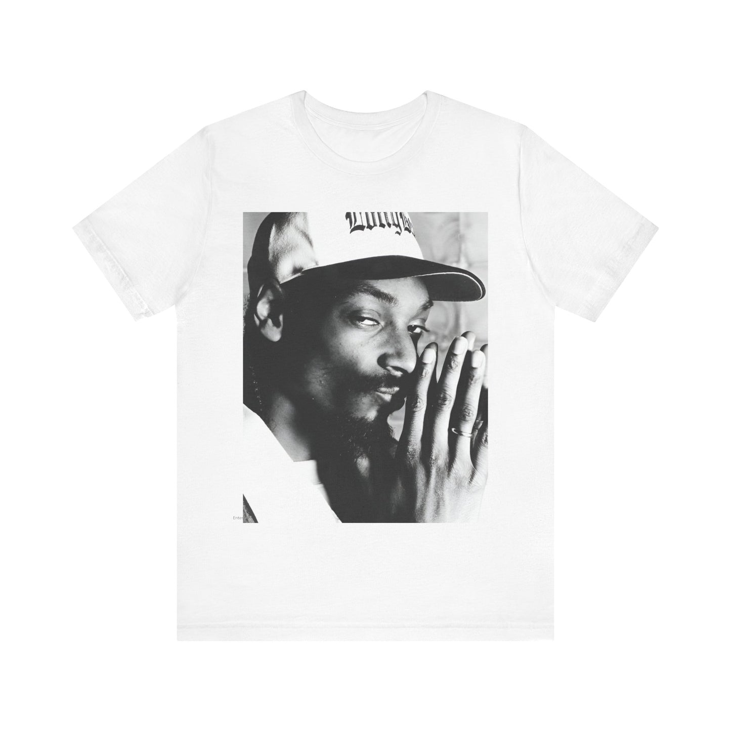 A black graphic t-shirt featuring a cool black and white graphic or photo of Snoop Dogg as a rapper.