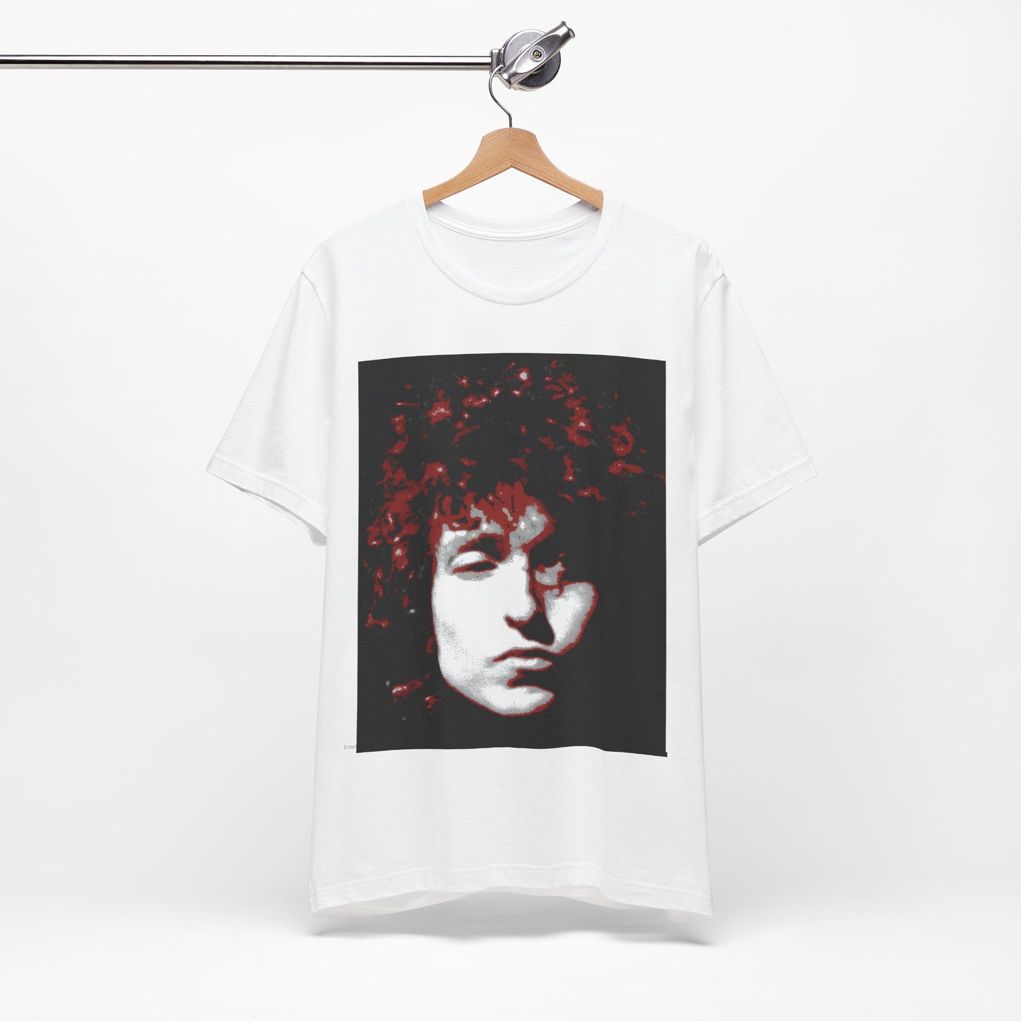 A black graphic t-shirt featuring a graphic related to Bob Dylan's 'Blood on the Tracks' album era, possibly with album art elements.