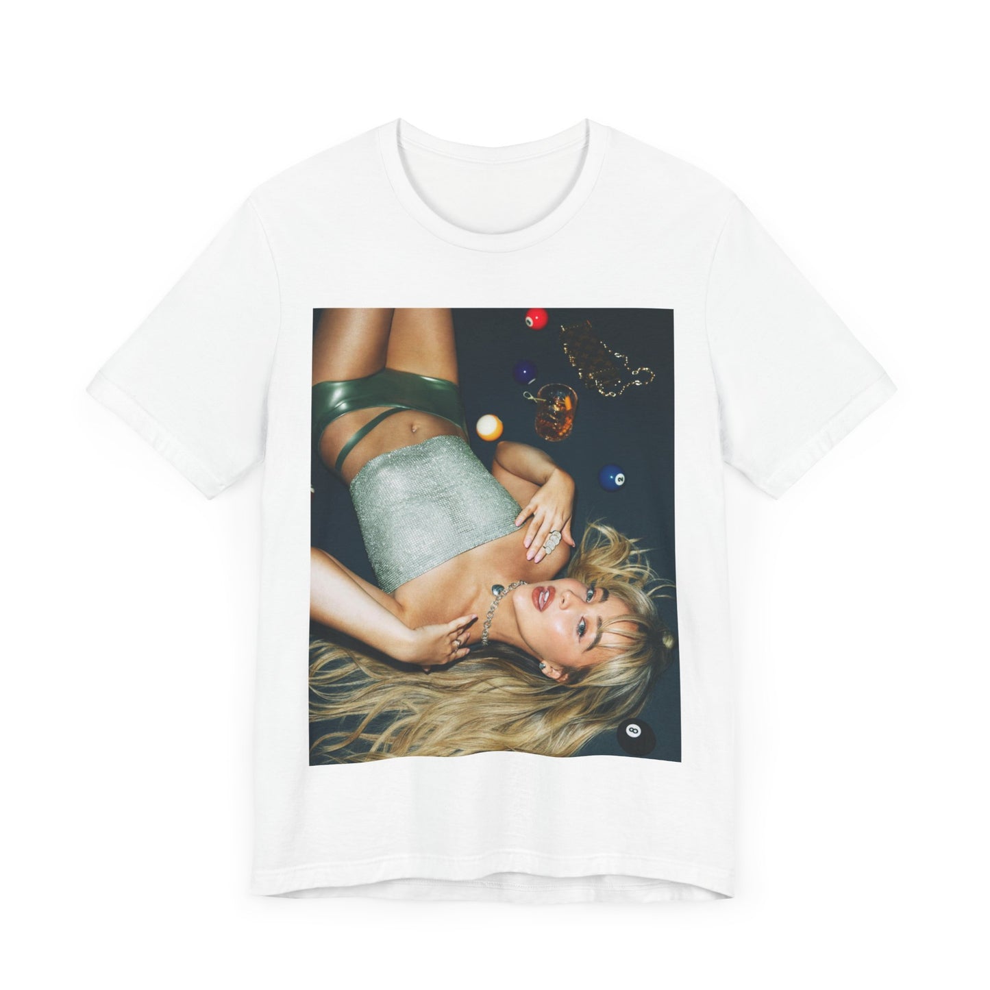 A black graphic t-shirt featuring a vintage pop icon graphic of Sabrina Carpenter.