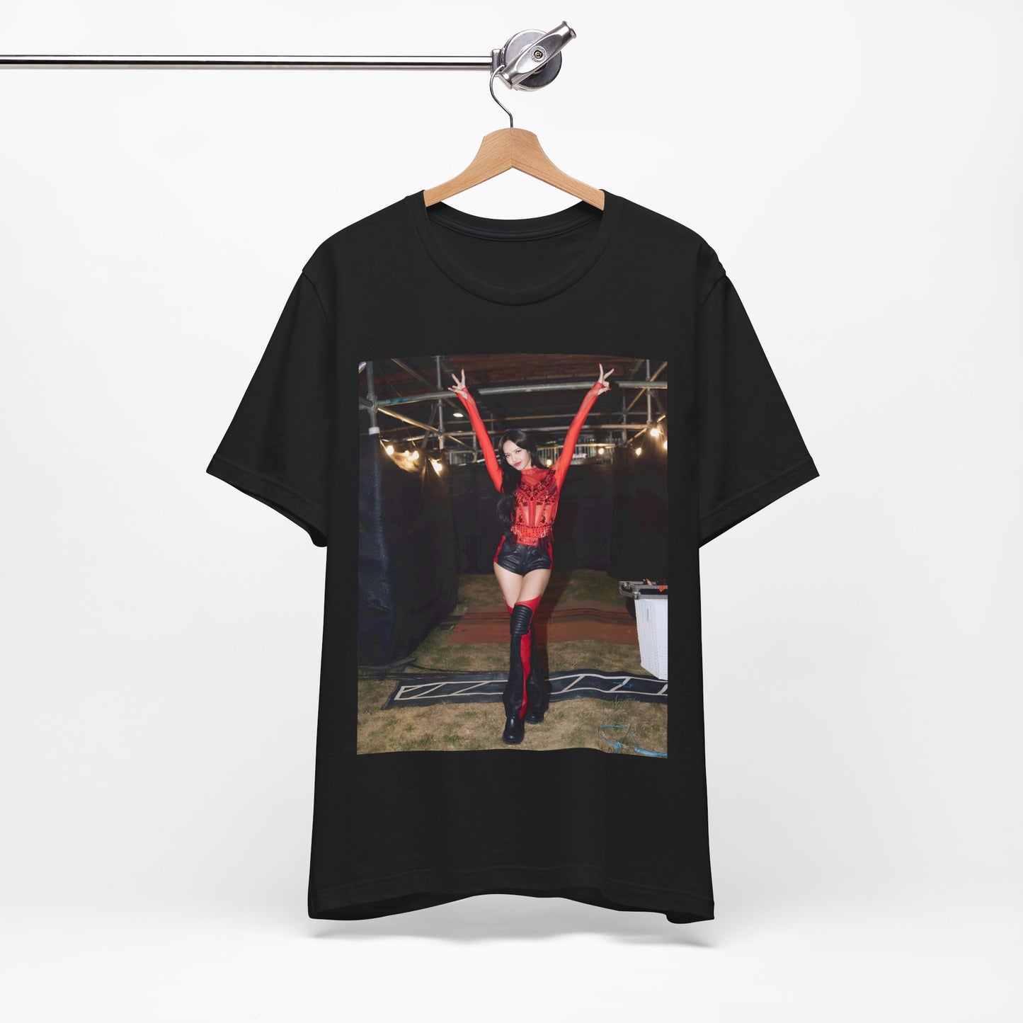 A black graphic t-shirt featuring a classic graphic of Lisa as a Blackpink rapper.