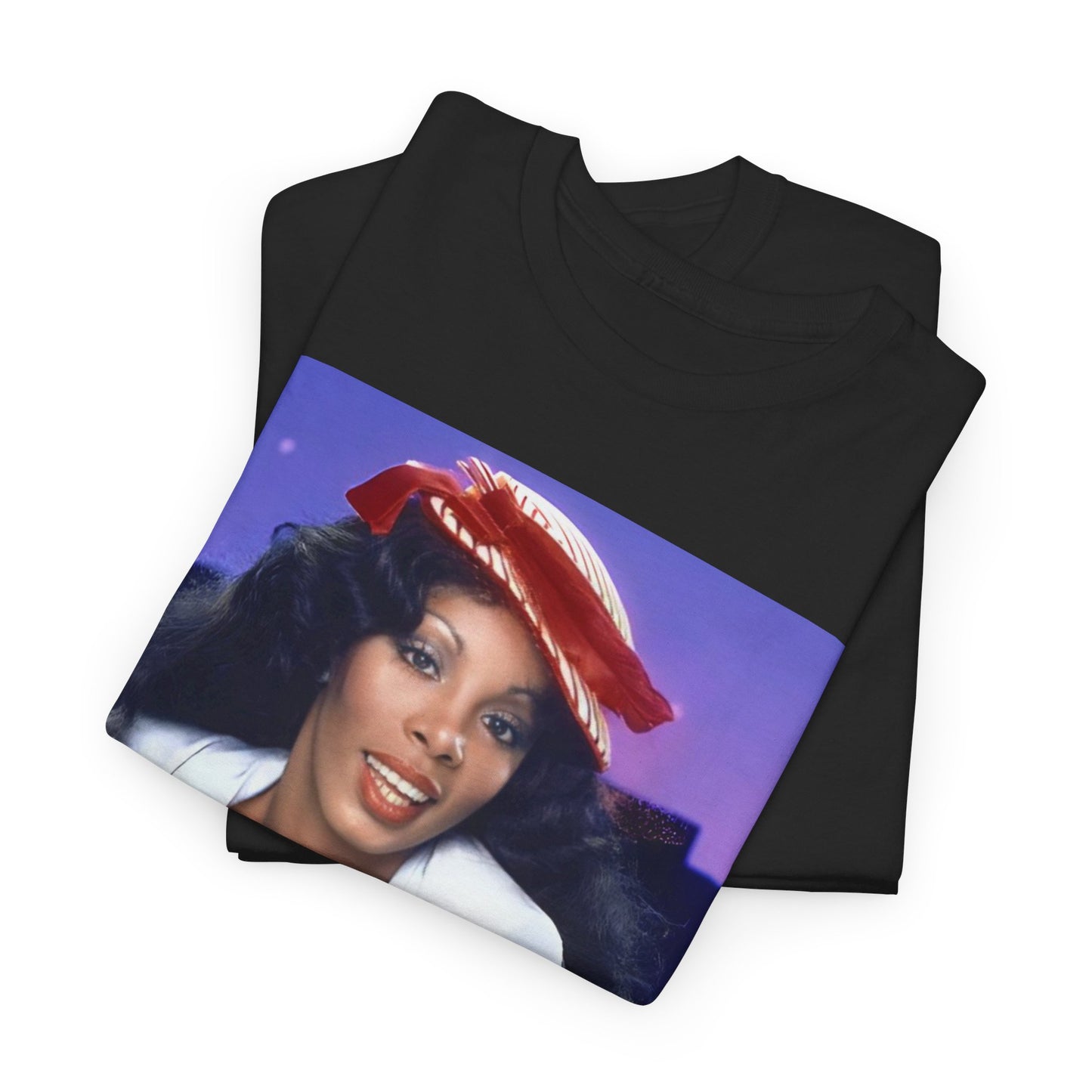 A black graphic t-shirt featuring a retro graphic related to Donna Summer's 'Bad Girls' album era.