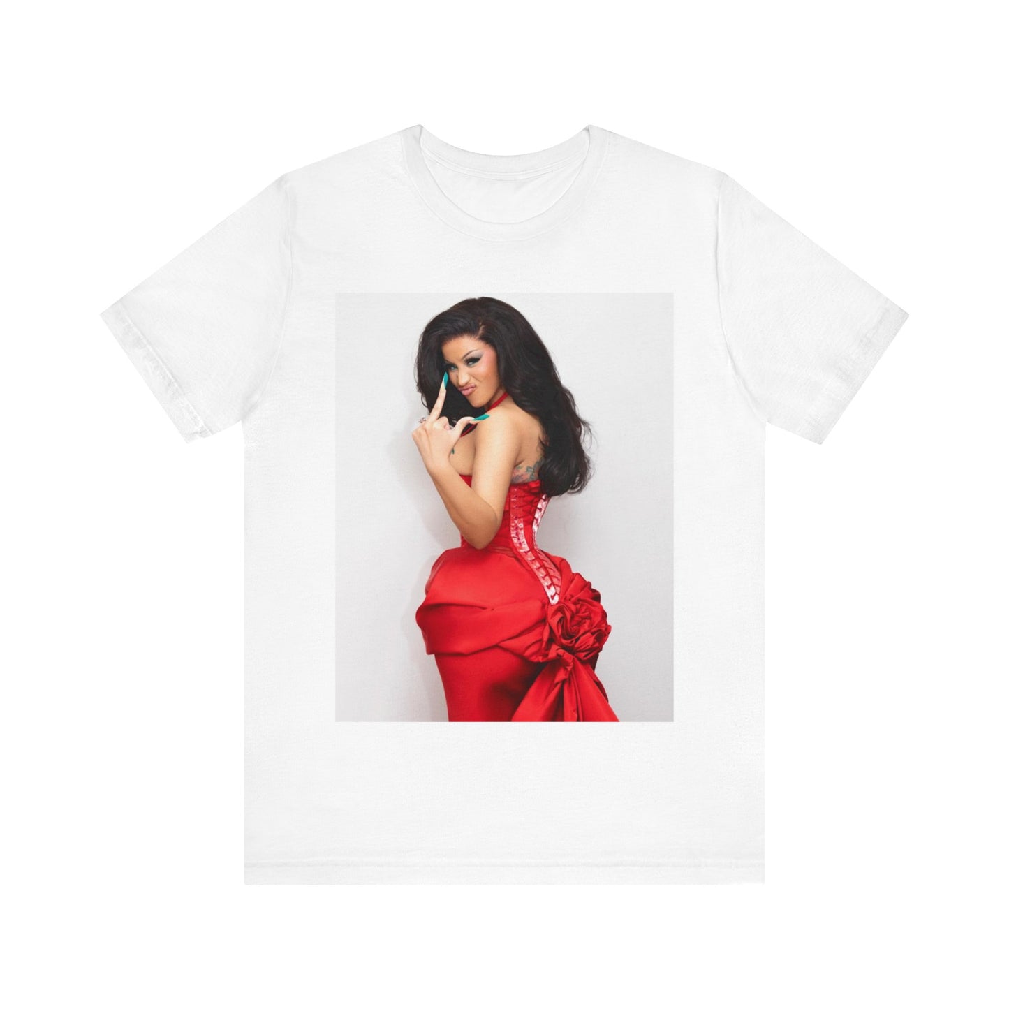 A black graphic t-shirt featuring a graphic of Cardi B making 'the finger' gesture.