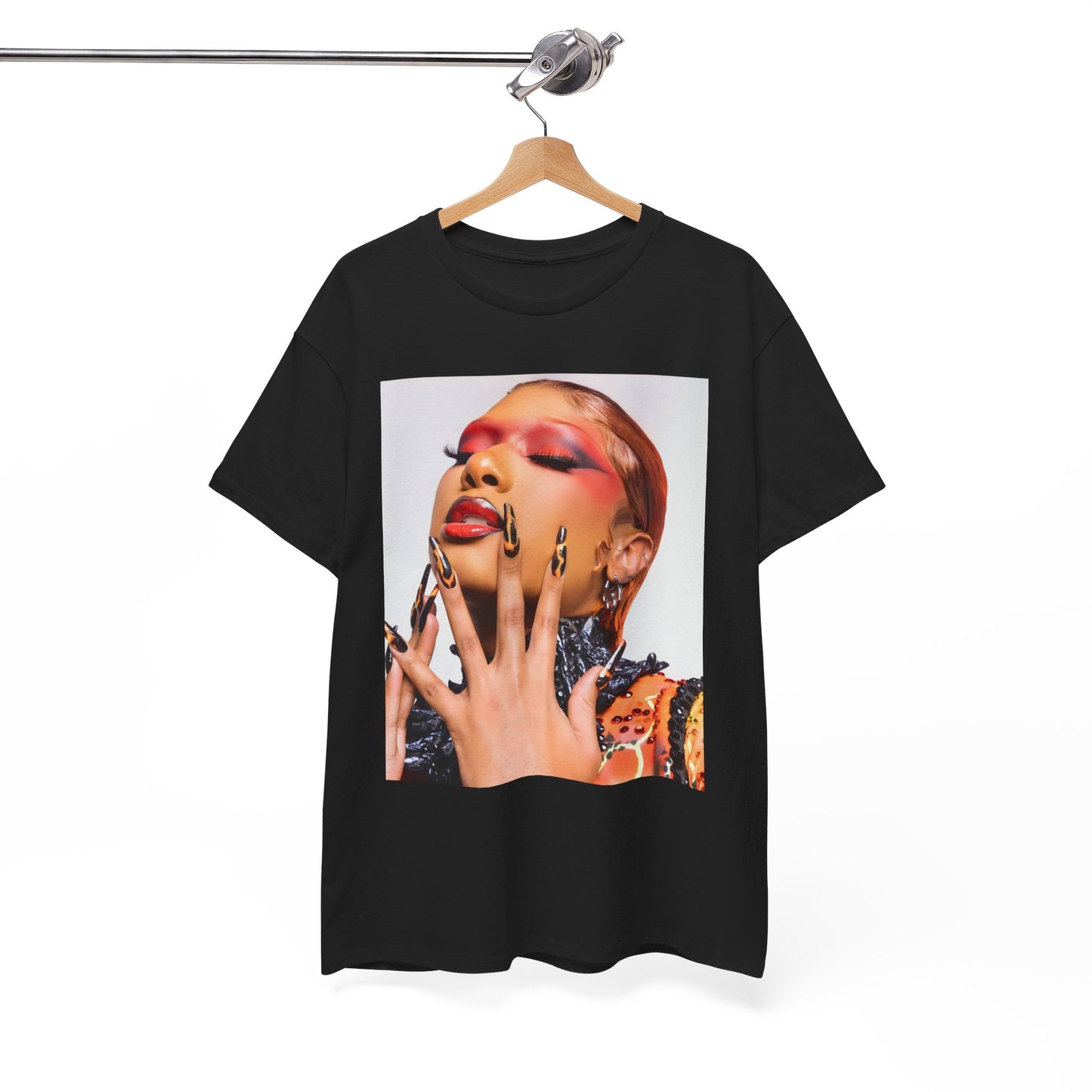 A black graphic t-shirt featuring a graphic related to Megan Thee Stallion's 'WAP' song or era.