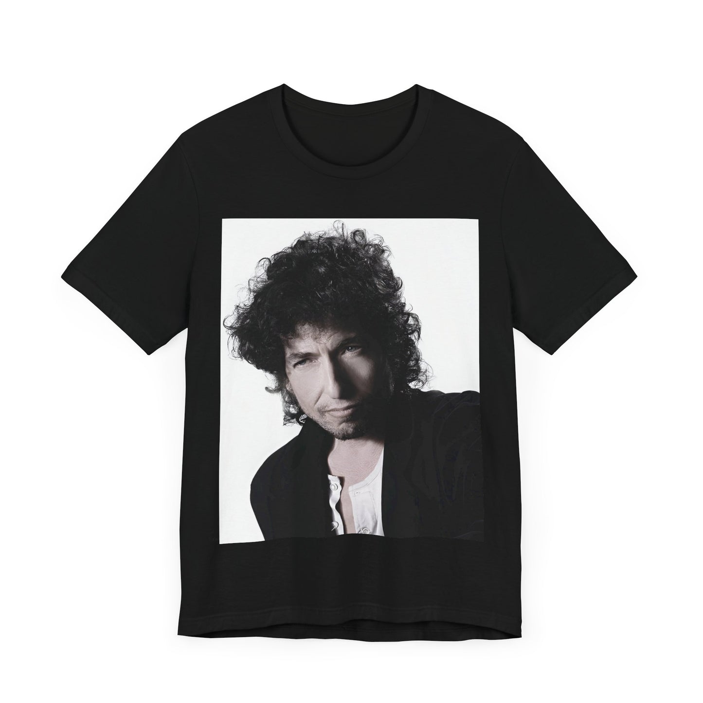 A black graphic t-shirt featuring a timeless folk rock graphic of Bob Dylan, possibly with his guitar or harmonica.