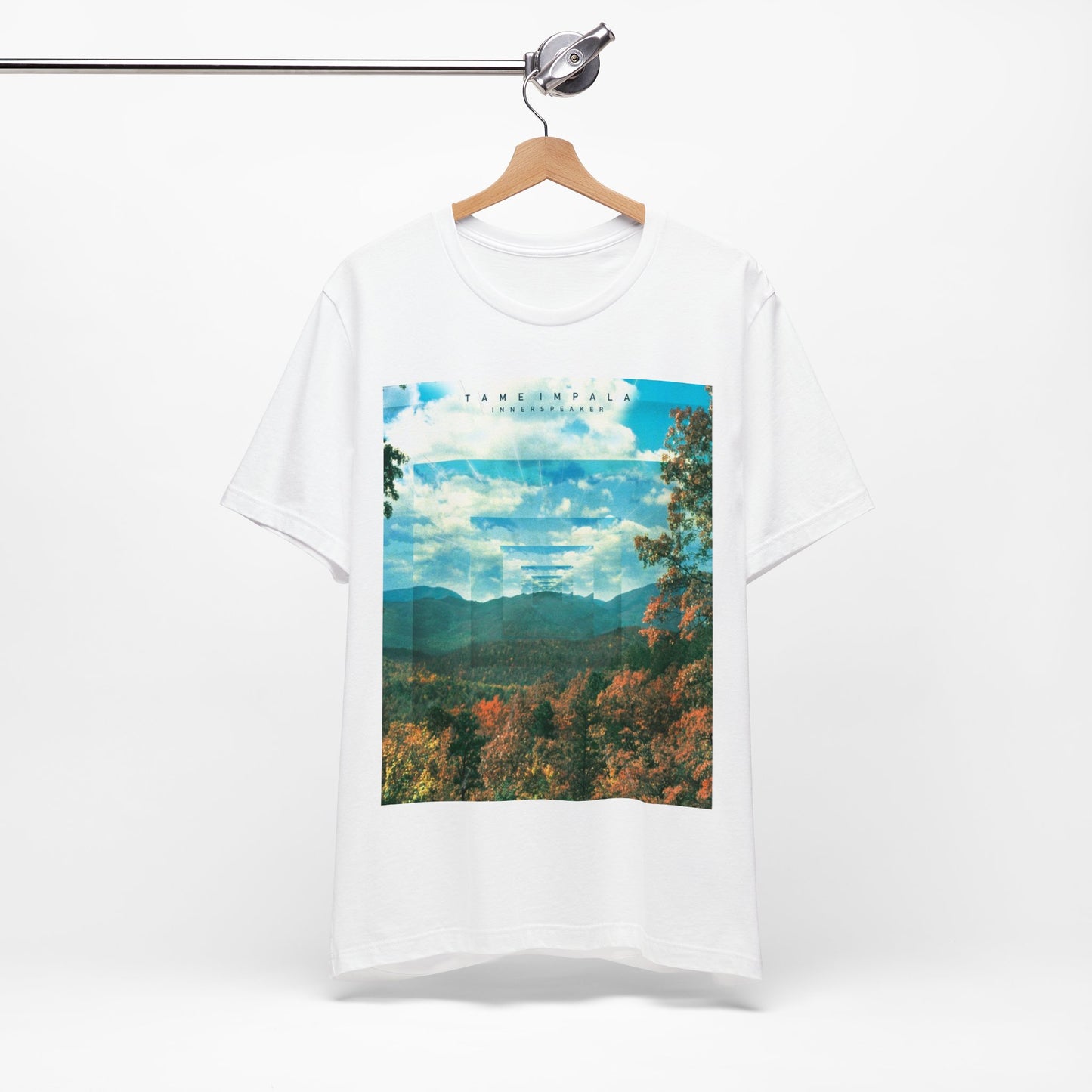 A black graphic t-shirt featuring a graphic related to Tame Impala's 'InnerSpeaker' album.