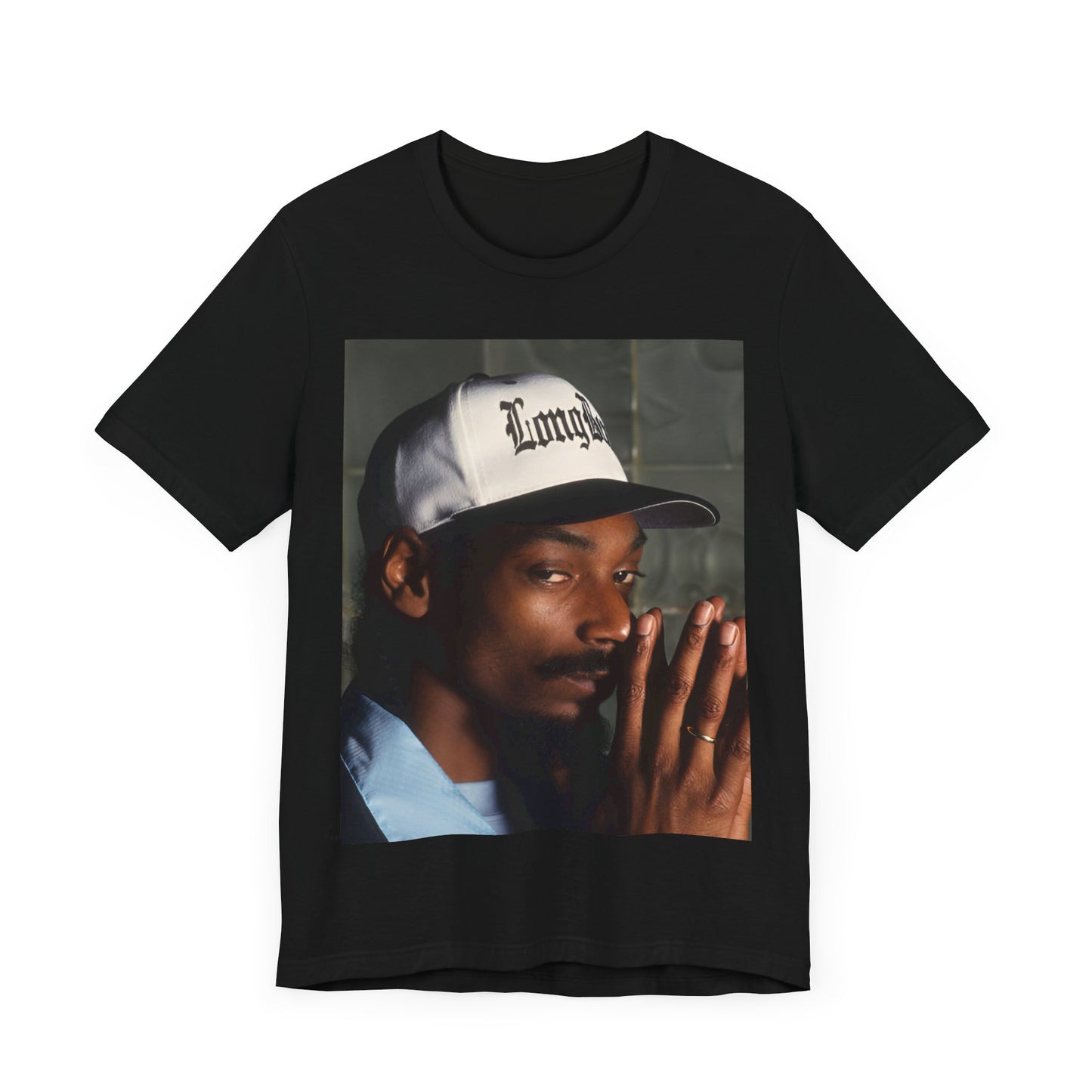 A black graphic t-shirt featuring a graphic of Snoop Dogg with a boxy 'Doggfather' vibe.