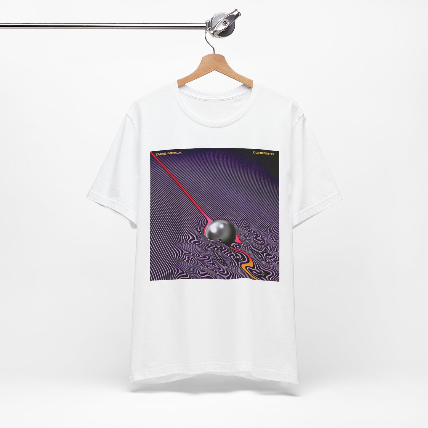 A black graphic t-shirt featuring a graphic related to Tame Impala's 'Currents' album.