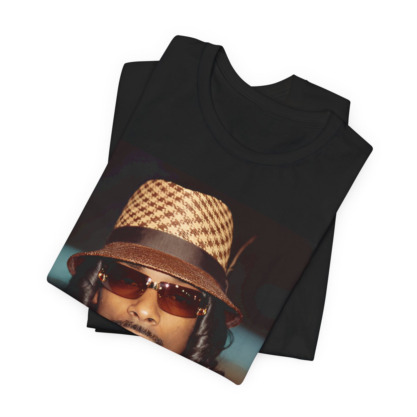 A black graphic t-shirt featuring a glamorous graphic of Snoop Dogg as a Doggfather icon.