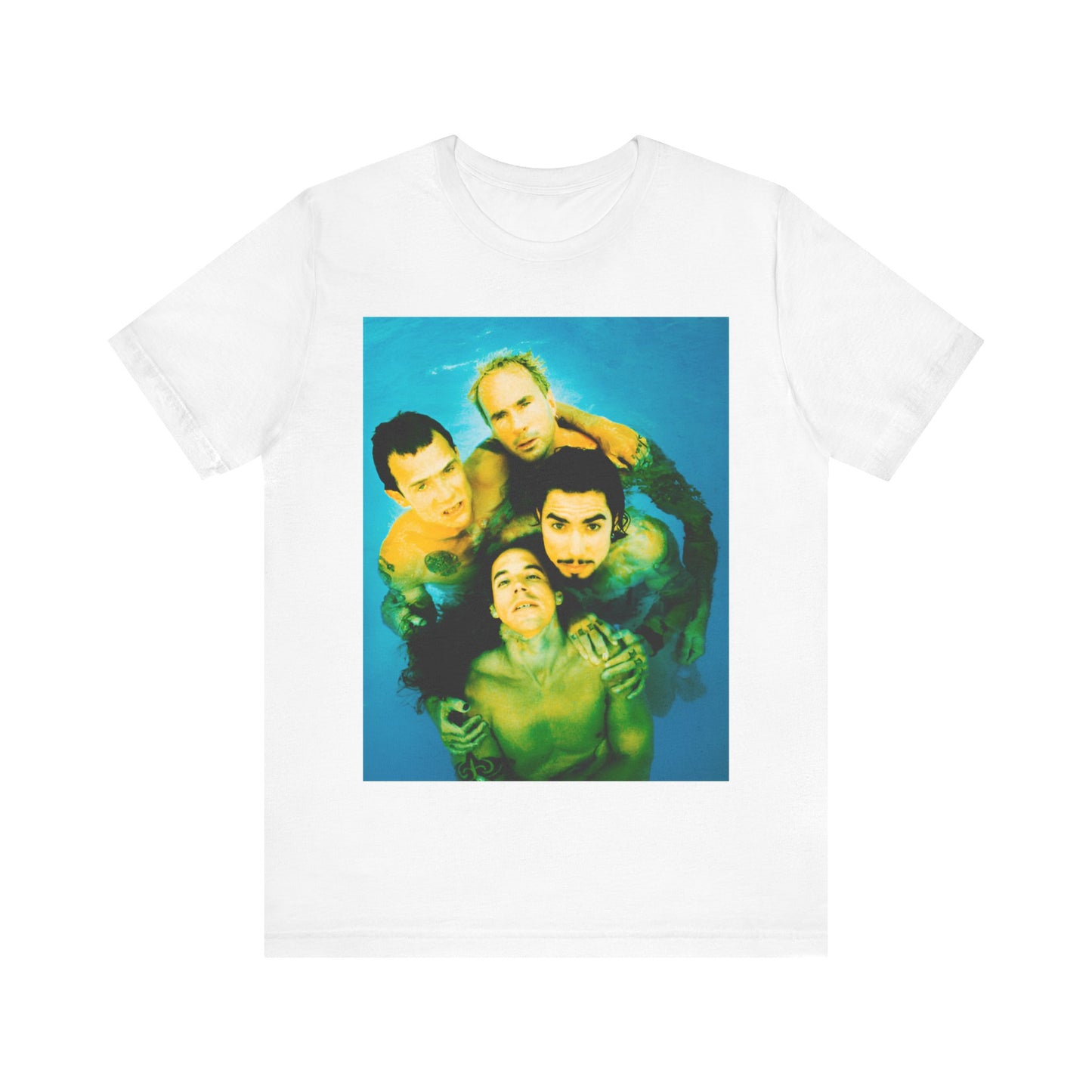 A black graphic t-shirt featuring a photo of Red Hot Chili Peppers band members by a pool.