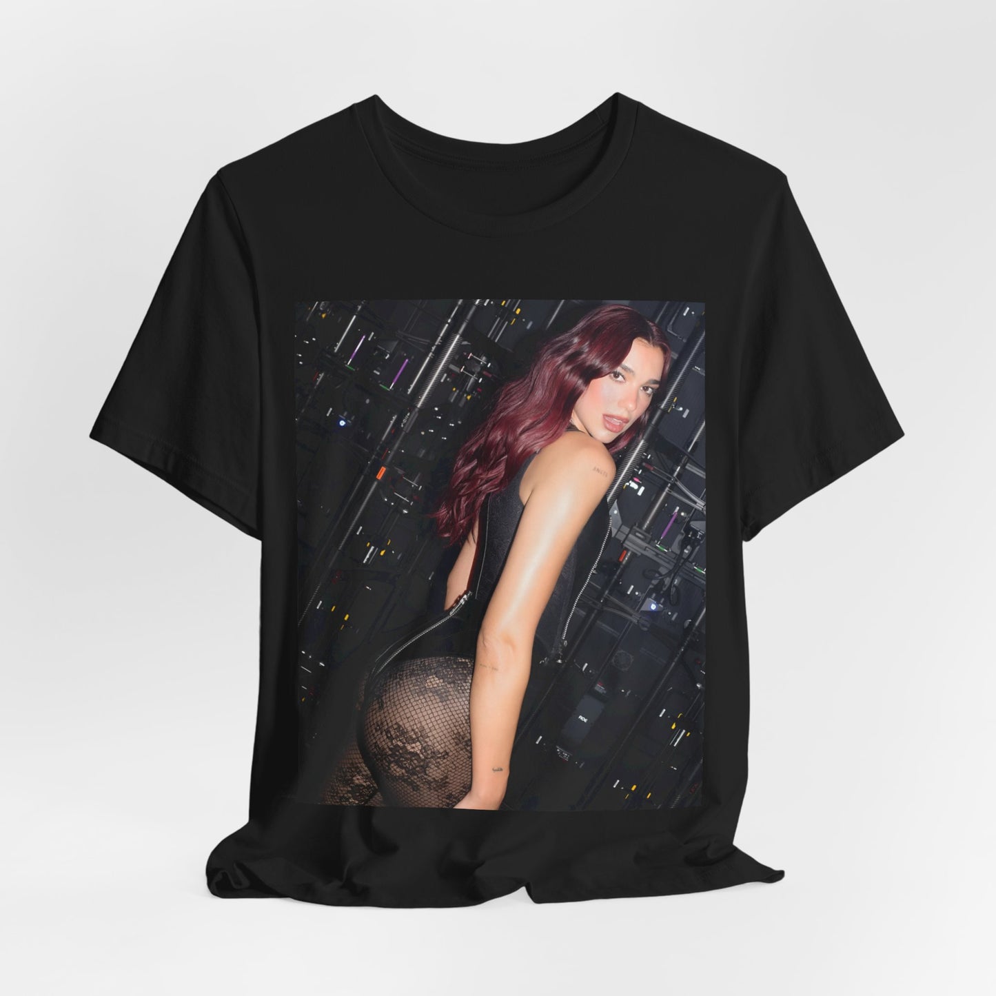 A black graphic t-shirt featuring a graphic related to Dua Lipa's "Houdini" new era.