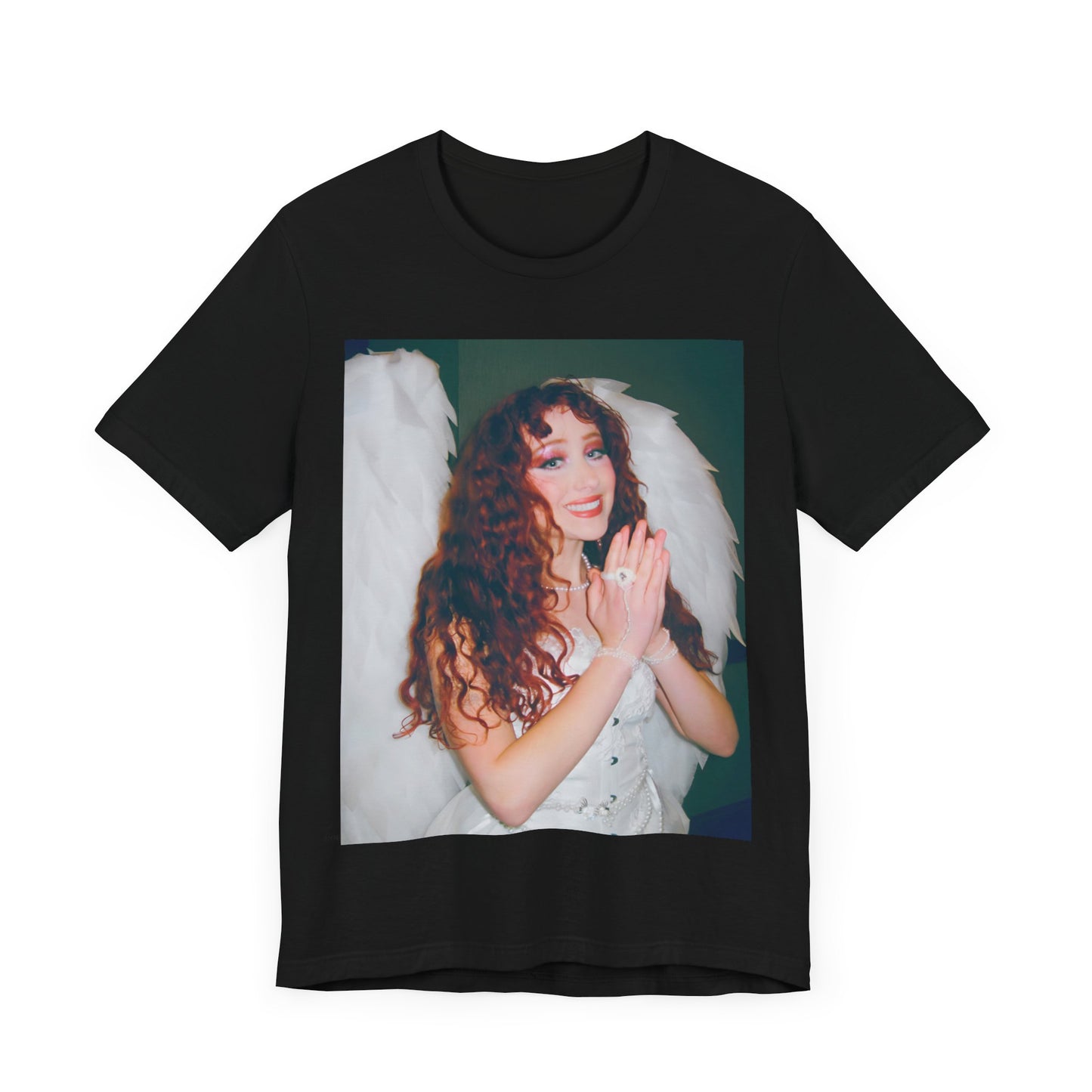 A black graphic t-shirt featuring a graphic of Chappell Roan, possibly with DIY or independent pop elements.