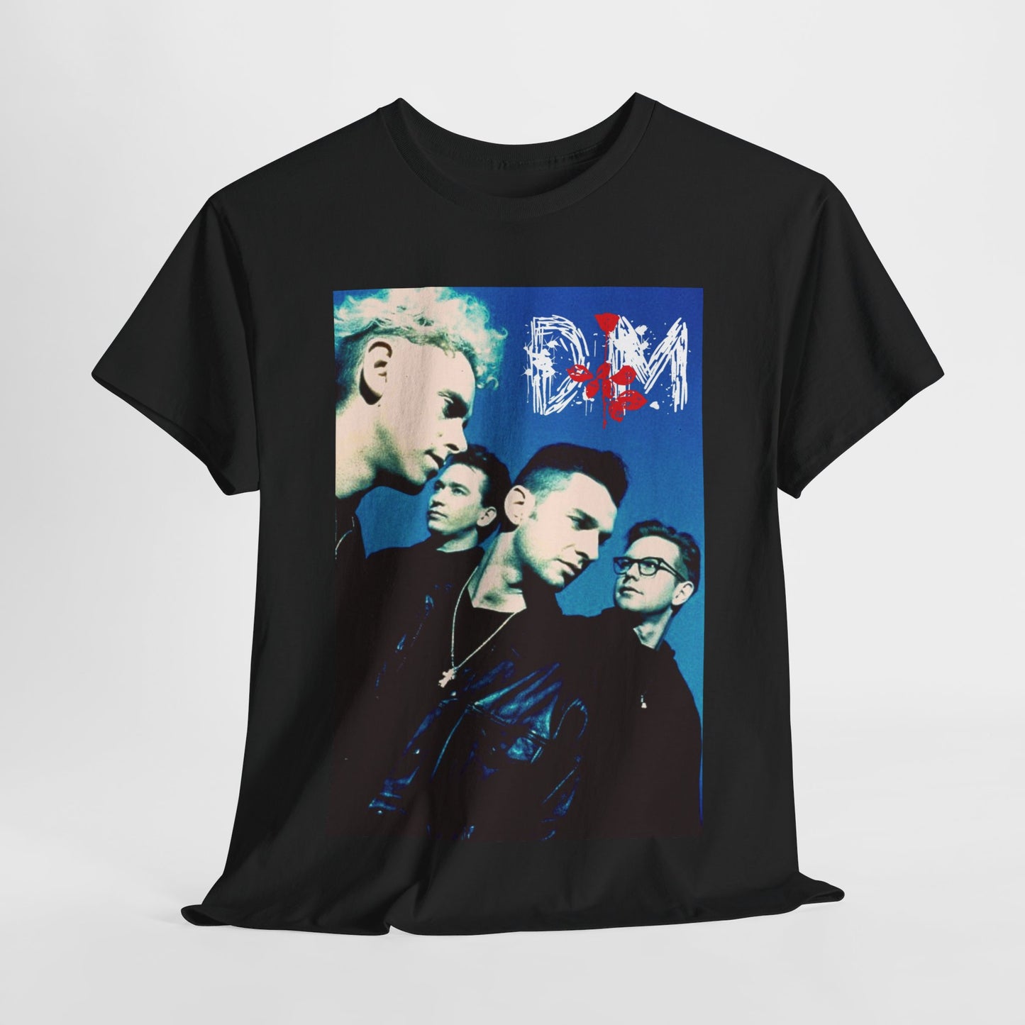 A black graphic t-shirt featuring a vintage photo related to Depeche Mode's 'Violator' album era.