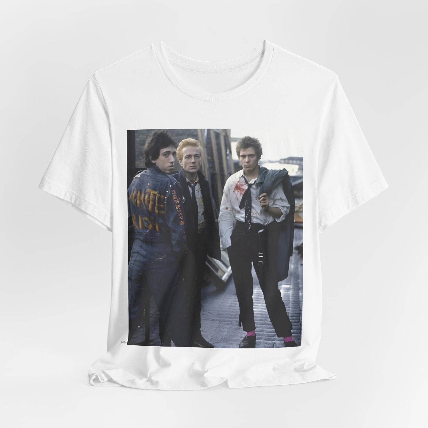 A black graphic t-shirt featuring a graphic of The Clash with a fearless attitude.
