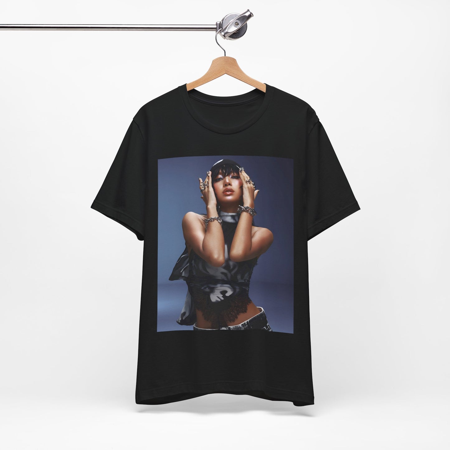 A black graphic t-shirt featuring a bold visual graphic of Lisa from K-Pop.