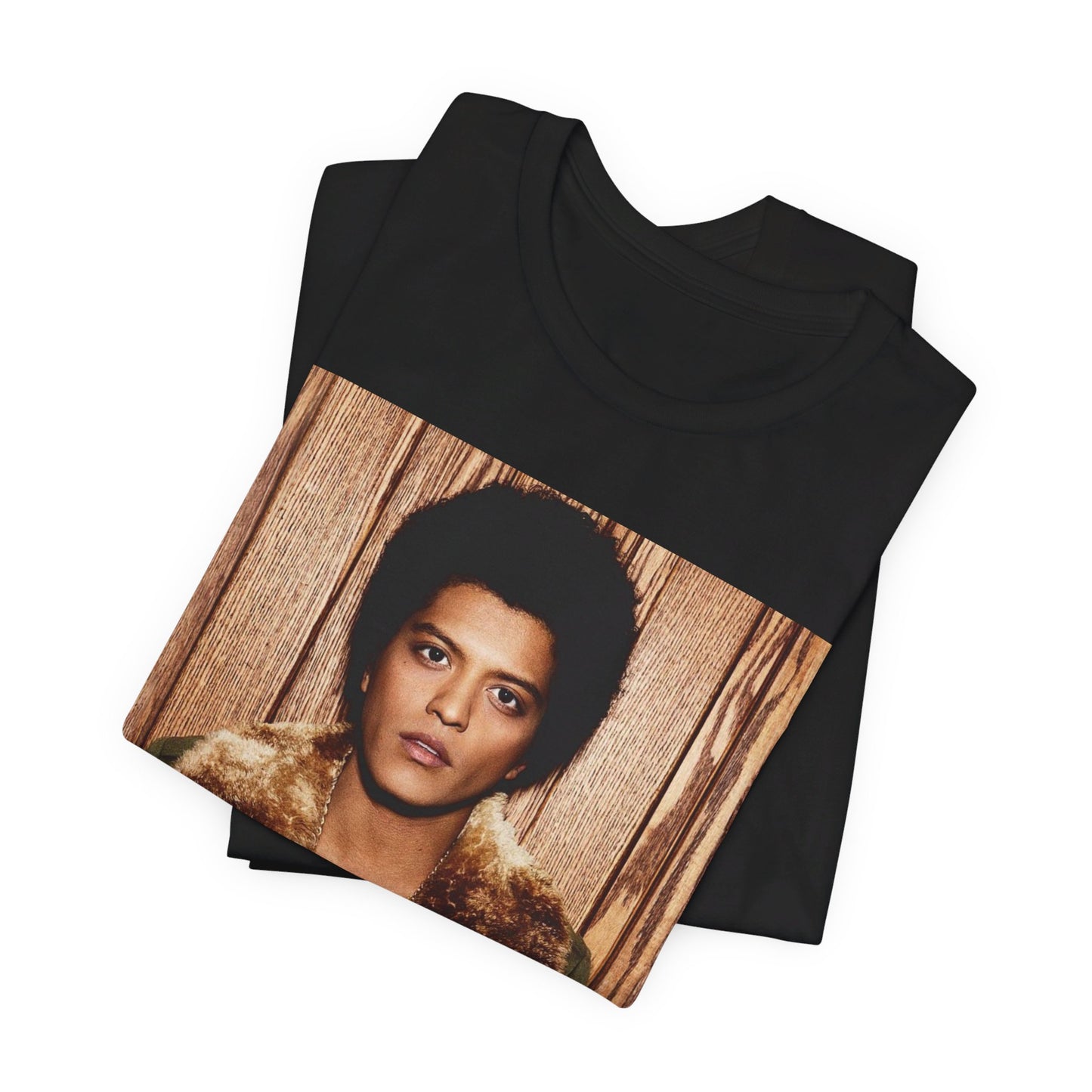 A black graphic t-shirt featuring a graphic related to Bruno Mars' "Just the Way You Are" song or era.