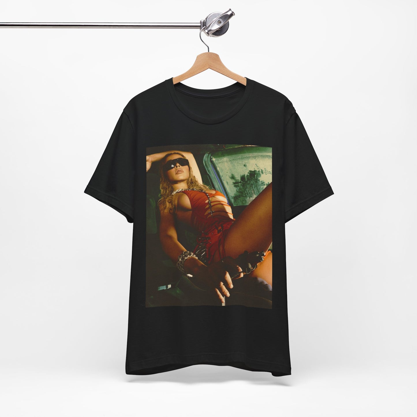 A black graphic t-shirt featuring a graphic of Tinashe as a hot R&B superstar.