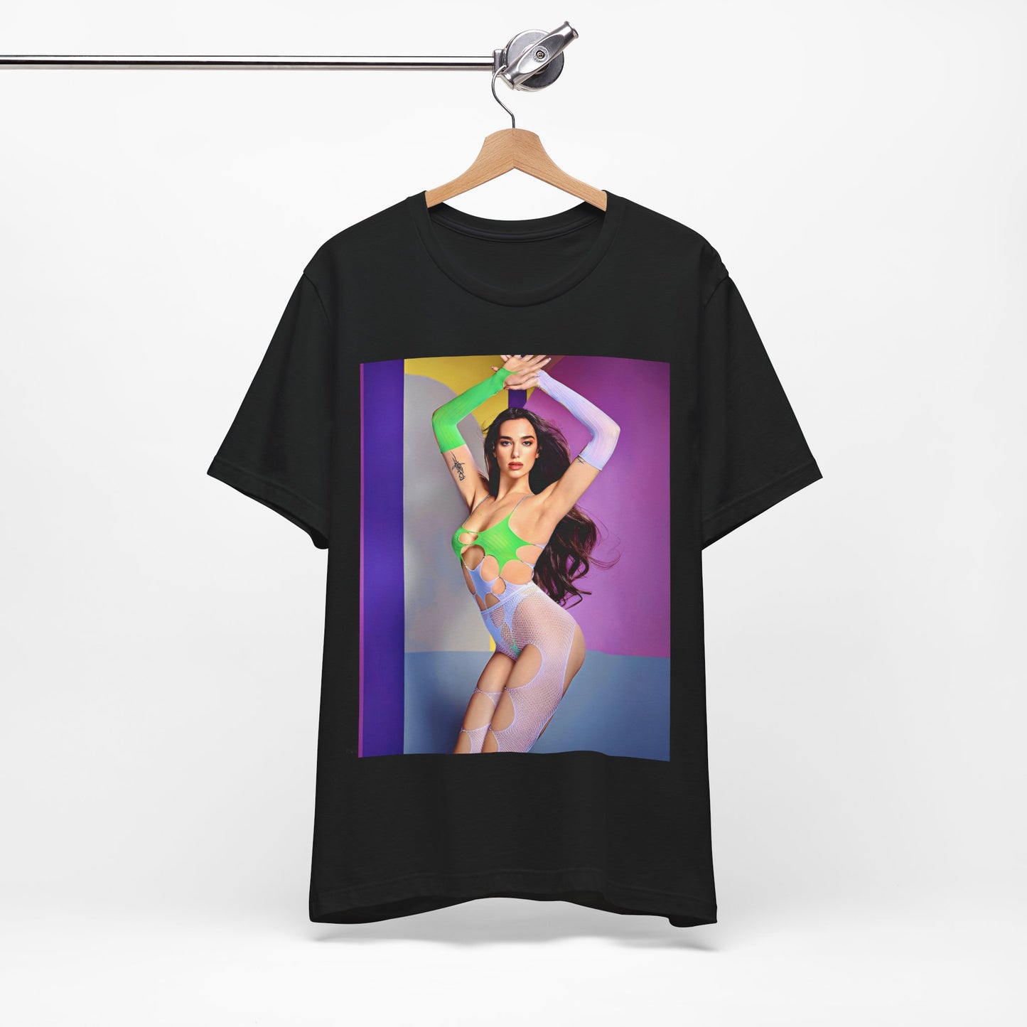 A black graphic t-shirt featuring a casual graphic related to Dua Lipa's "Future Nostalgia" era.
