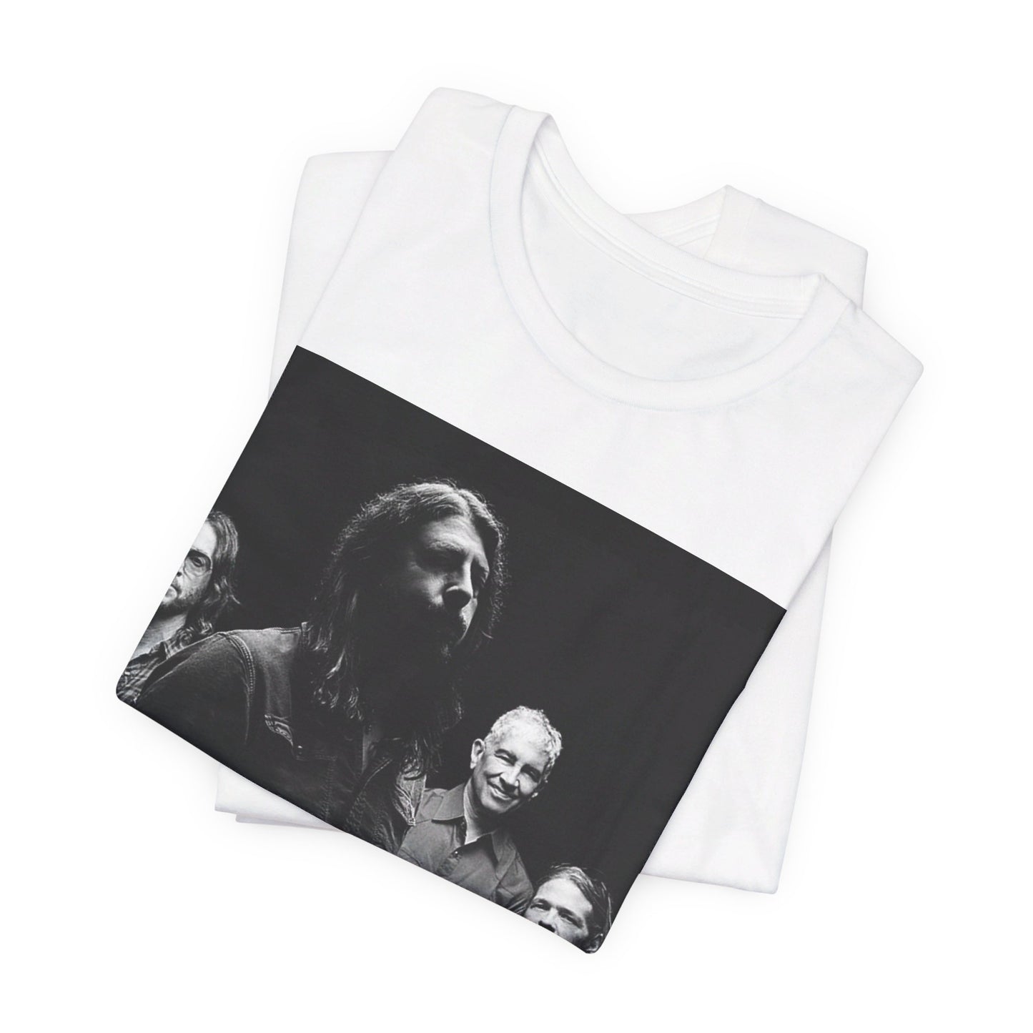 A black graphic t-shirt featuring a black and white, monochrome graphic or photo of Foo Fighters.