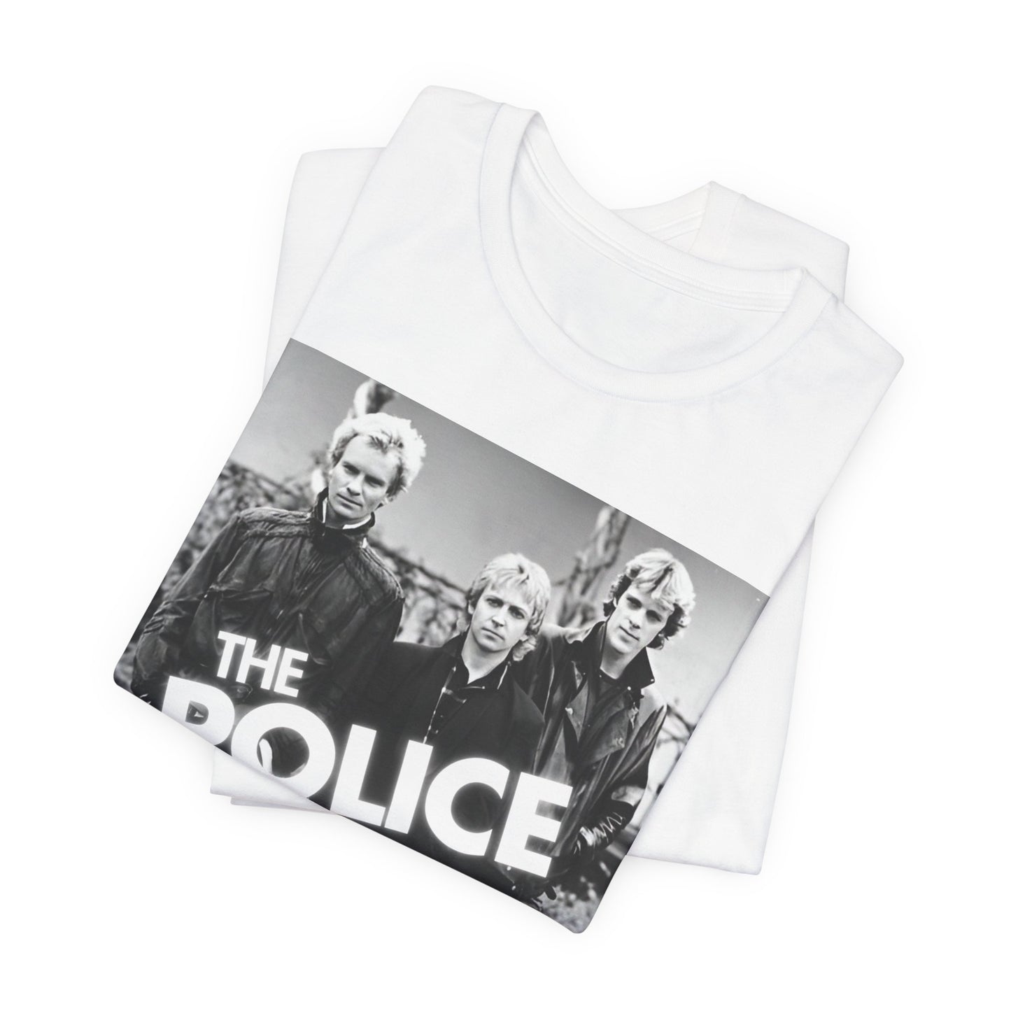 A black graphic t-shirt featuring an 80s pop rock aesthetic black and white graphic of The Police.