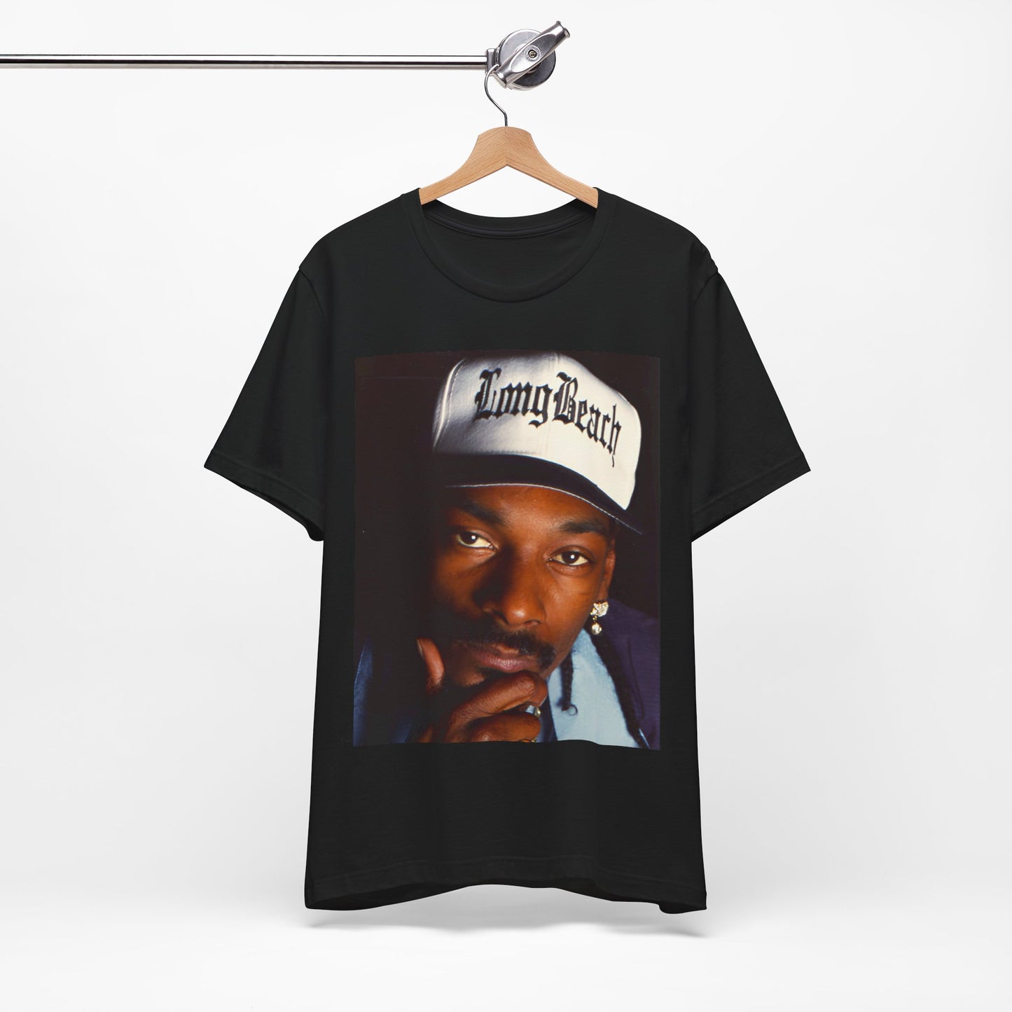 A black graphic t-shirt featuring a graphic of Snoop Dogg with Long Beach vibes.