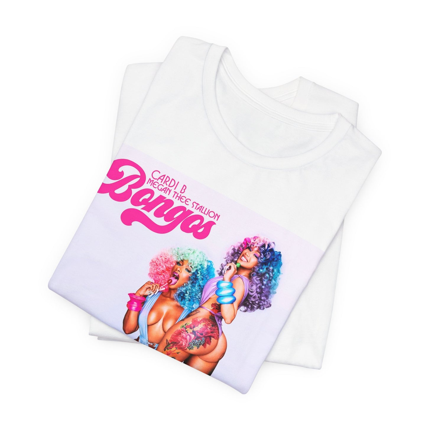 A black graphic t-shirt featuring the single artwork for Cardi B's song "Bongos."