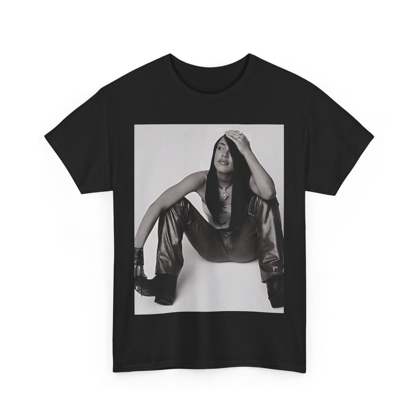 A black graphic t-shirt featuring a graphic of Aaliyah with a feel-good R&B vibe.