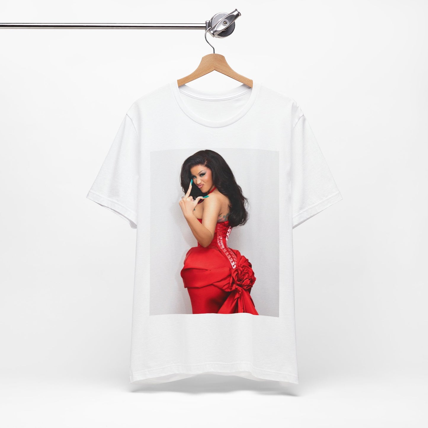 A black graphic t-shirt featuring a graphic of Cardi B making 'the finger' gesture.