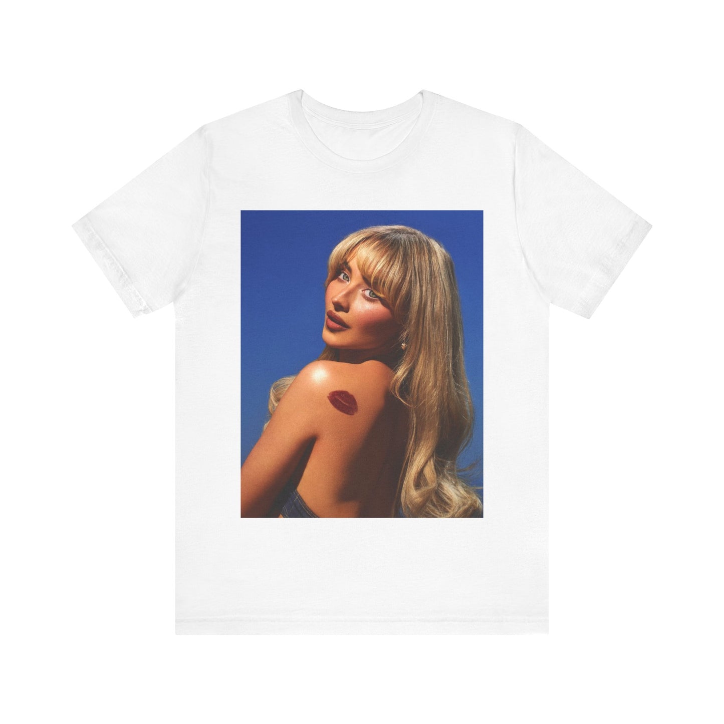 A black graphic t-shirt featuring a stylized graphic of Sabrina Carpenter, designed with a modern pop aesthetic.