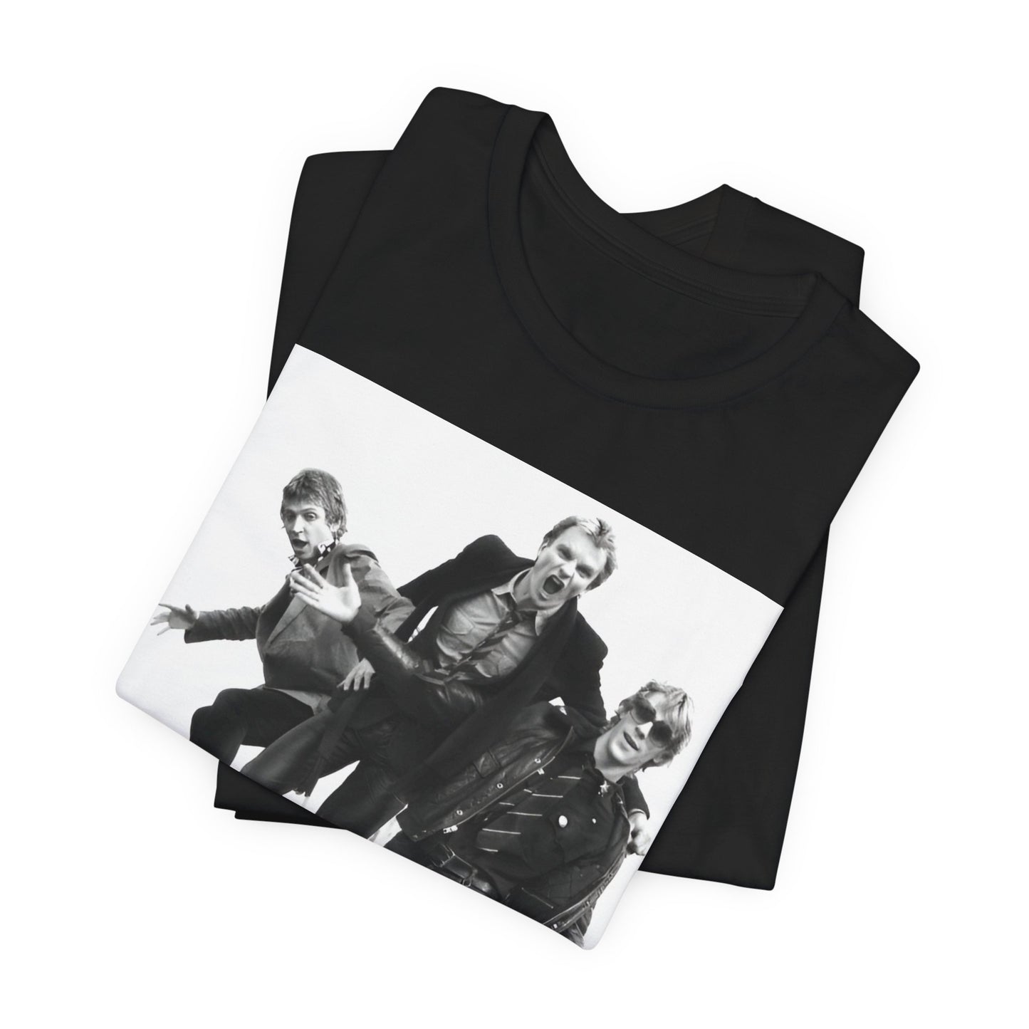 A black graphic t-shirt featuring an early days reggae rock graphic of The Police.