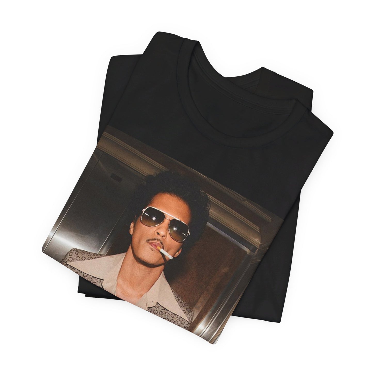 A black graphic t-shirt featuring a retro photo of Bruno Mars with a funk-inspired aesthetic.