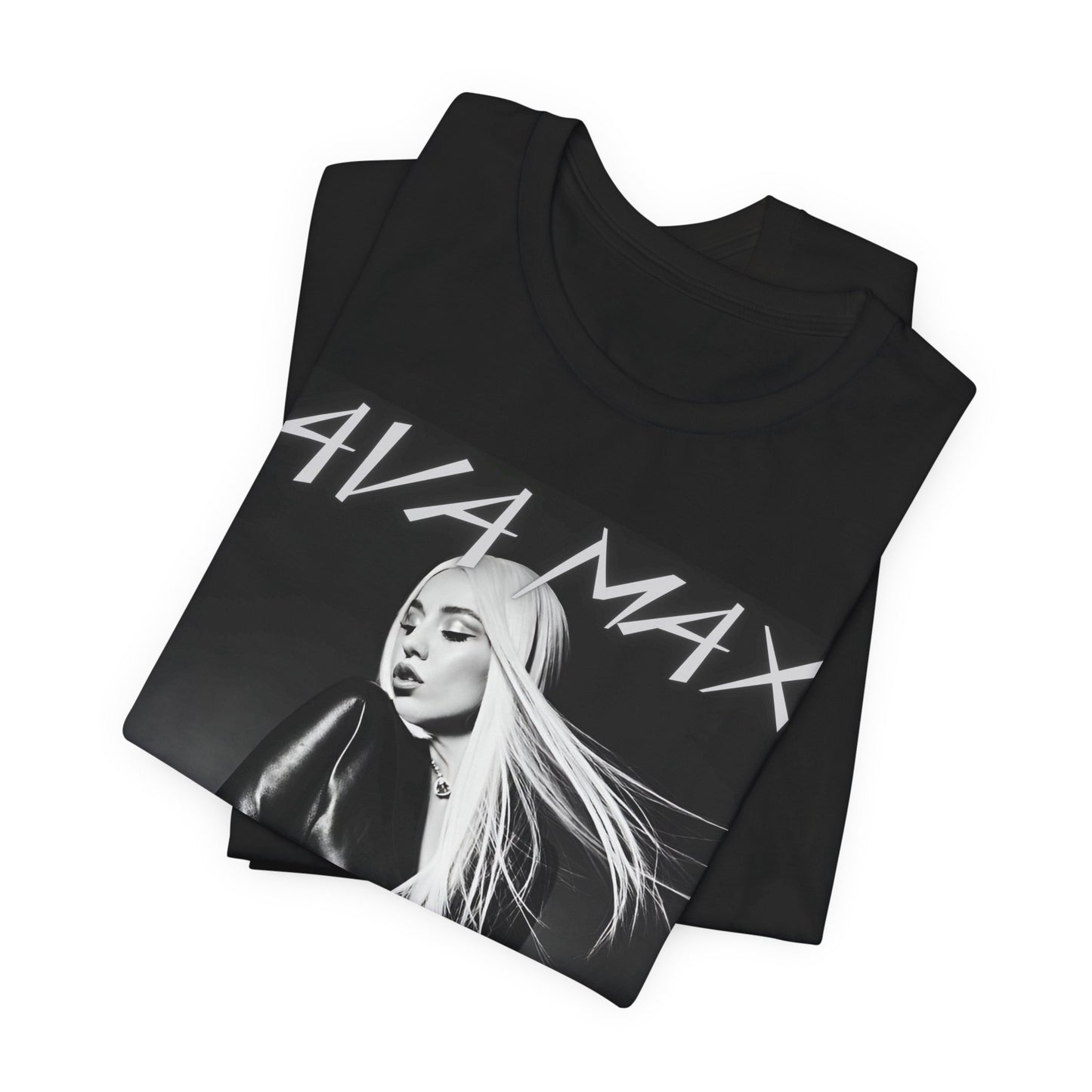 A black graphic t-shirt featuring a black and white portrait photo of Ava Max.