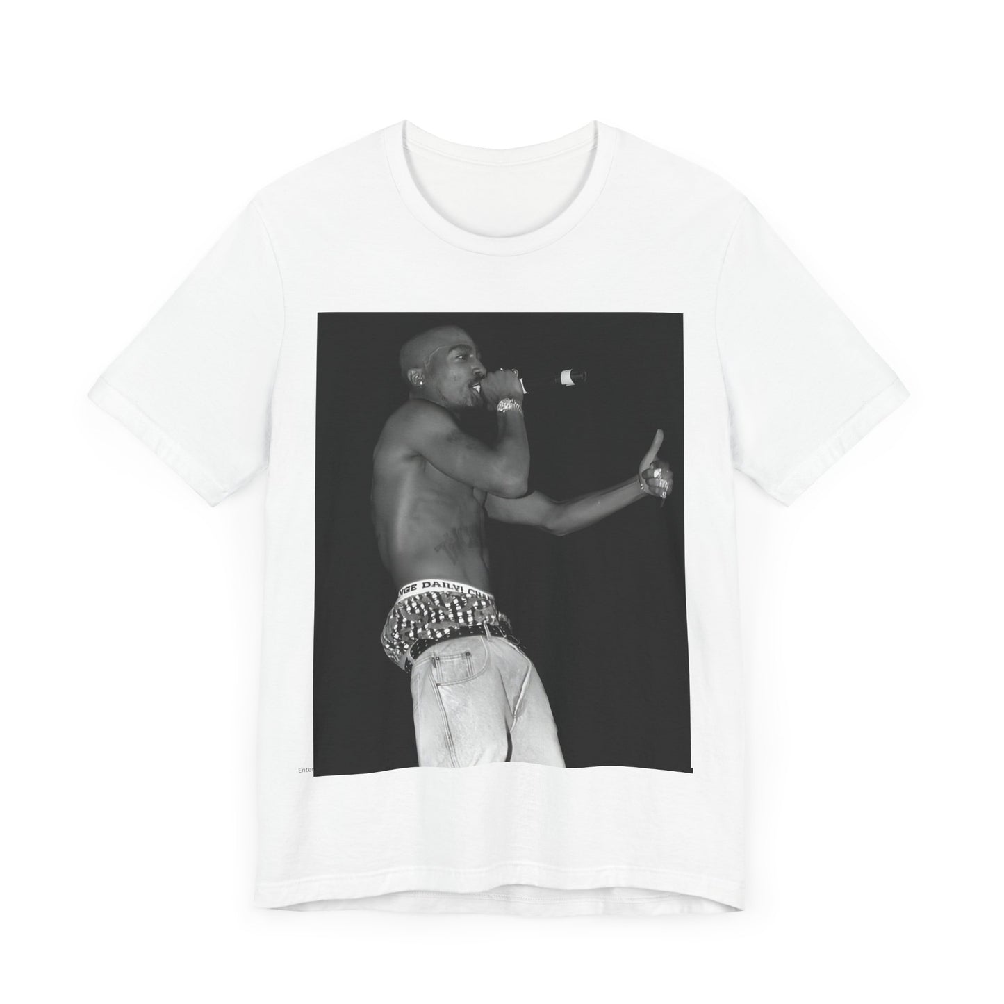 A black graphic t-shirt featuring a graphic of Tupac as a justice fighter.